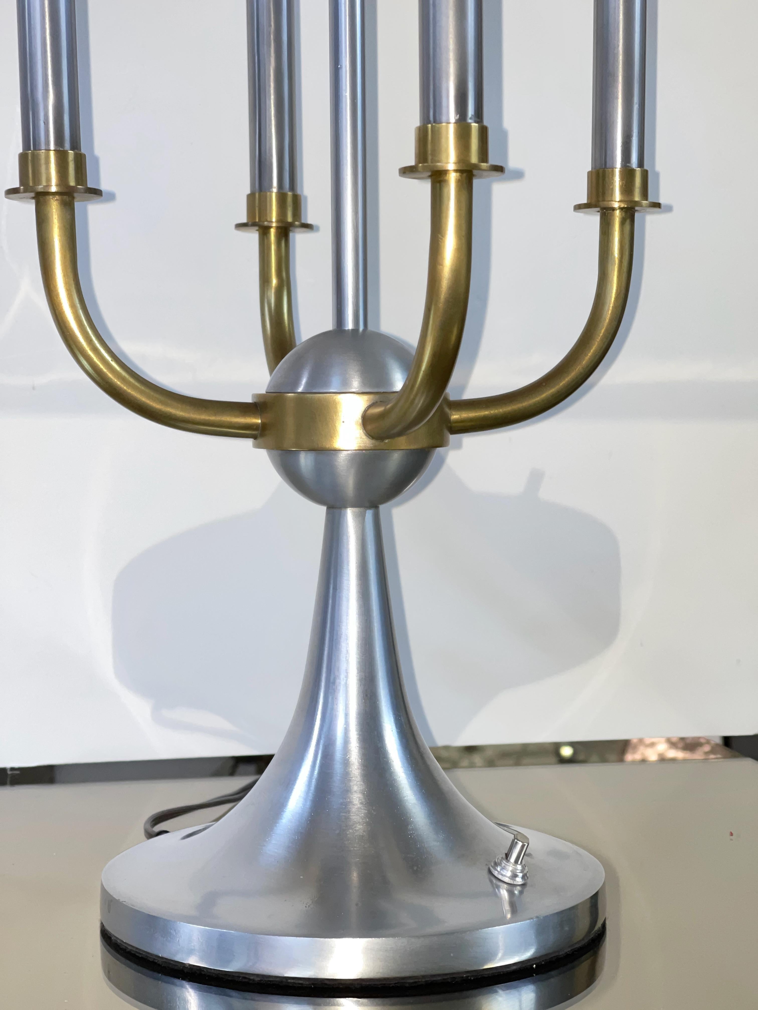 American Pair of Modernist Bouillotte Nickel & Brass Table Lamps For Sale