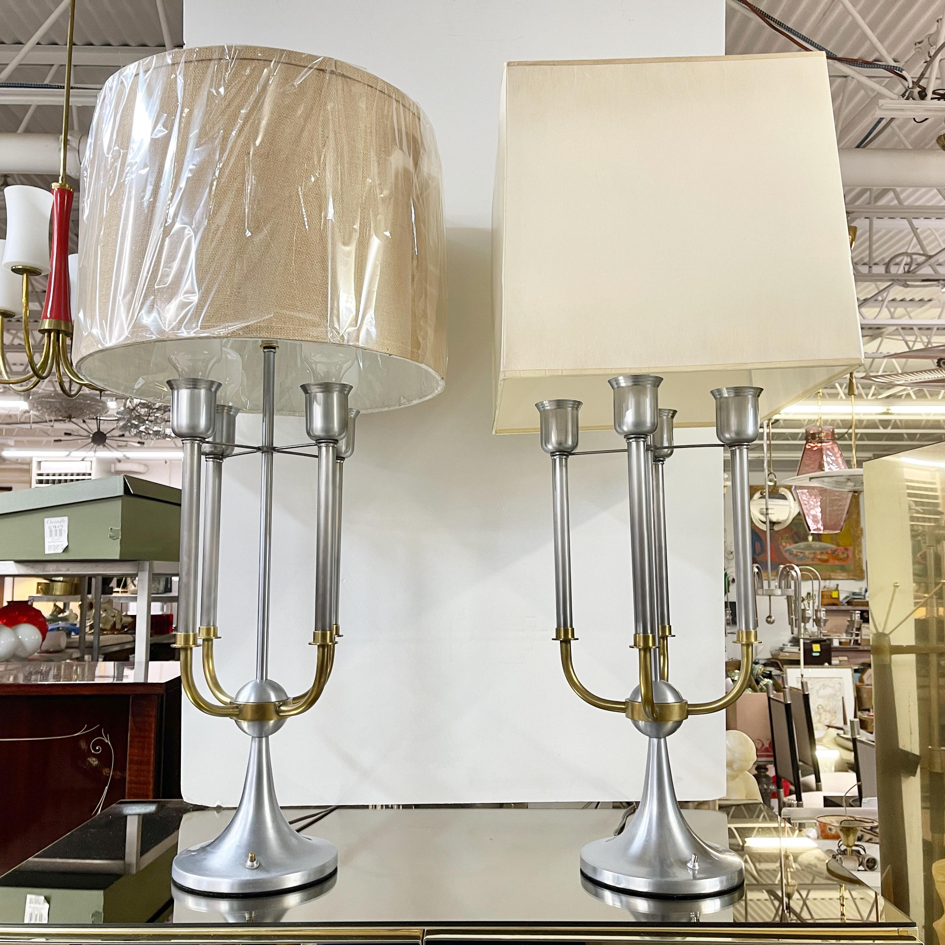 Pair of Modernist Bouillotte Nickel & Brass Table Lamps In Good Condition For Sale In Hanover, MA