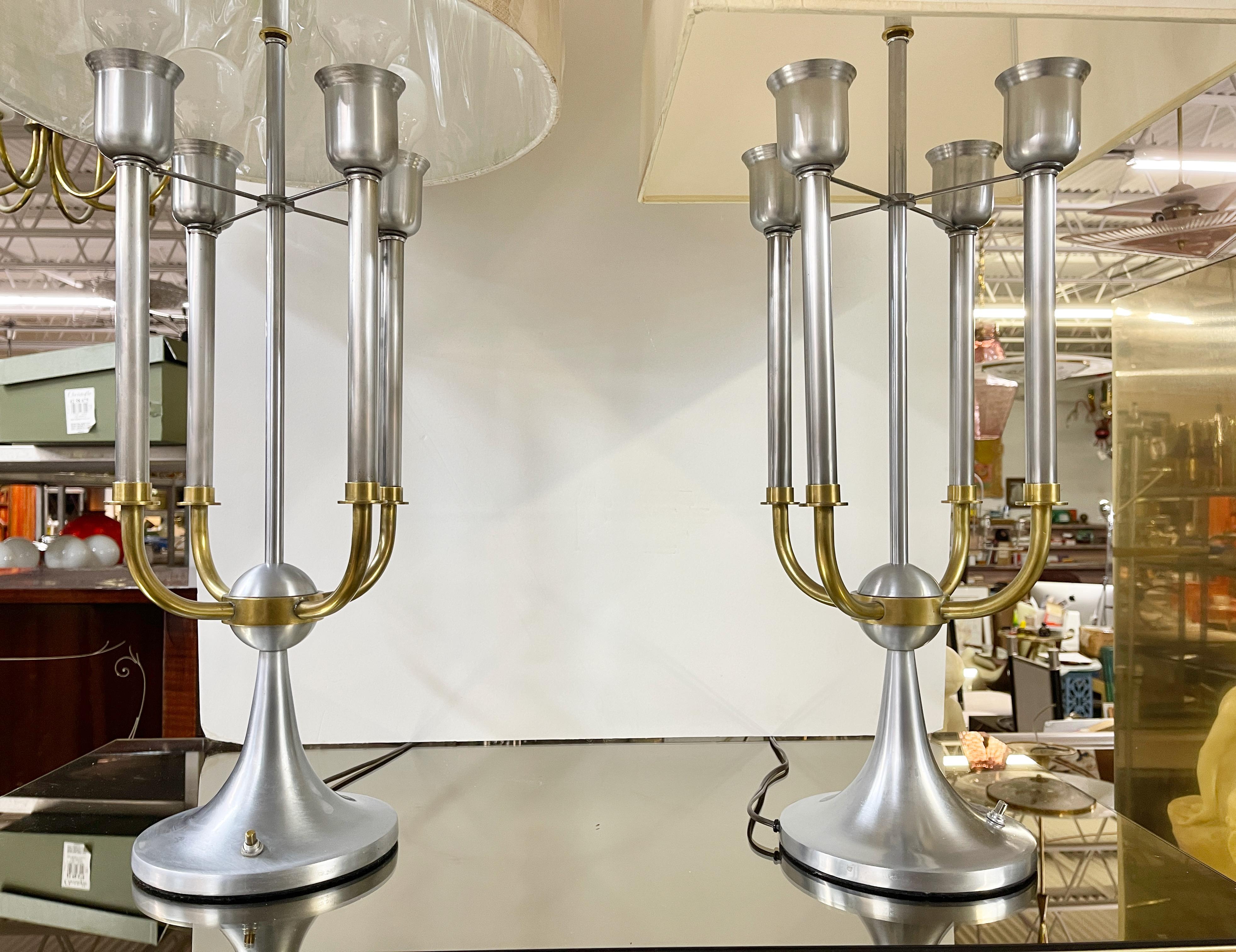 Late 20th Century Pair of Modernist Bouillotte Nickel & Brass Table Lamps For Sale