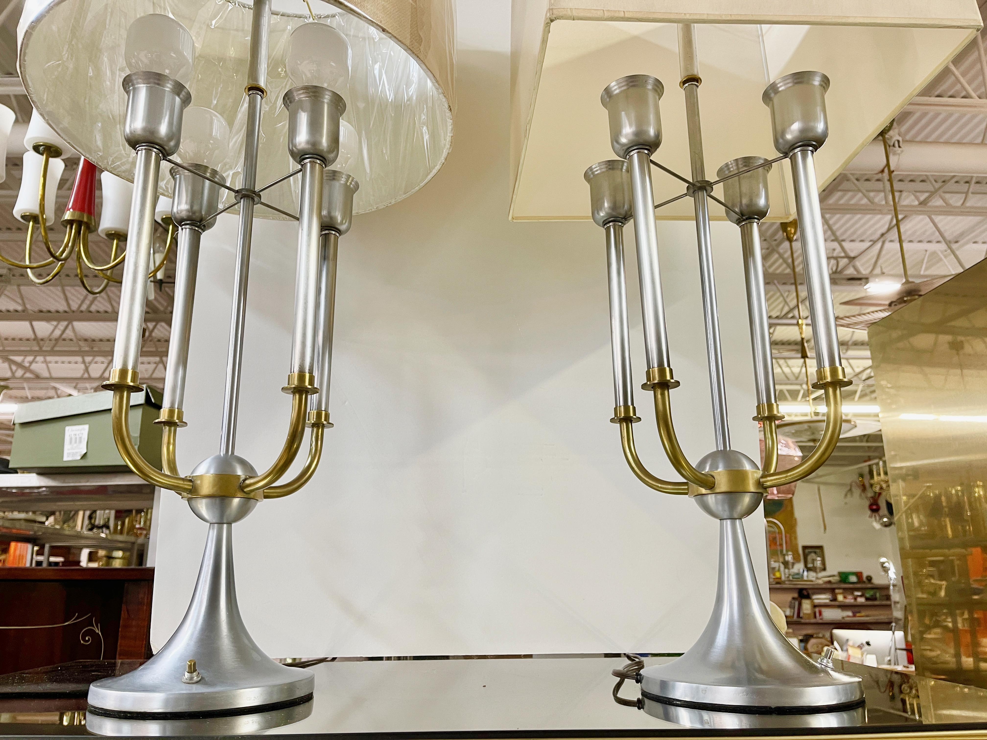 Pair of Modernist Bouillotte Nickel & Brass Table Lamps For Sale 1