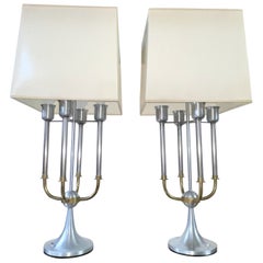 Pair of Modernist Bouillotte Nickel & Brass Table Lamps
