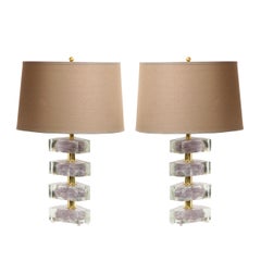 Pair of Modernist Brass and Hand Blown Translucent Murano Glass "Cloud" Lamps