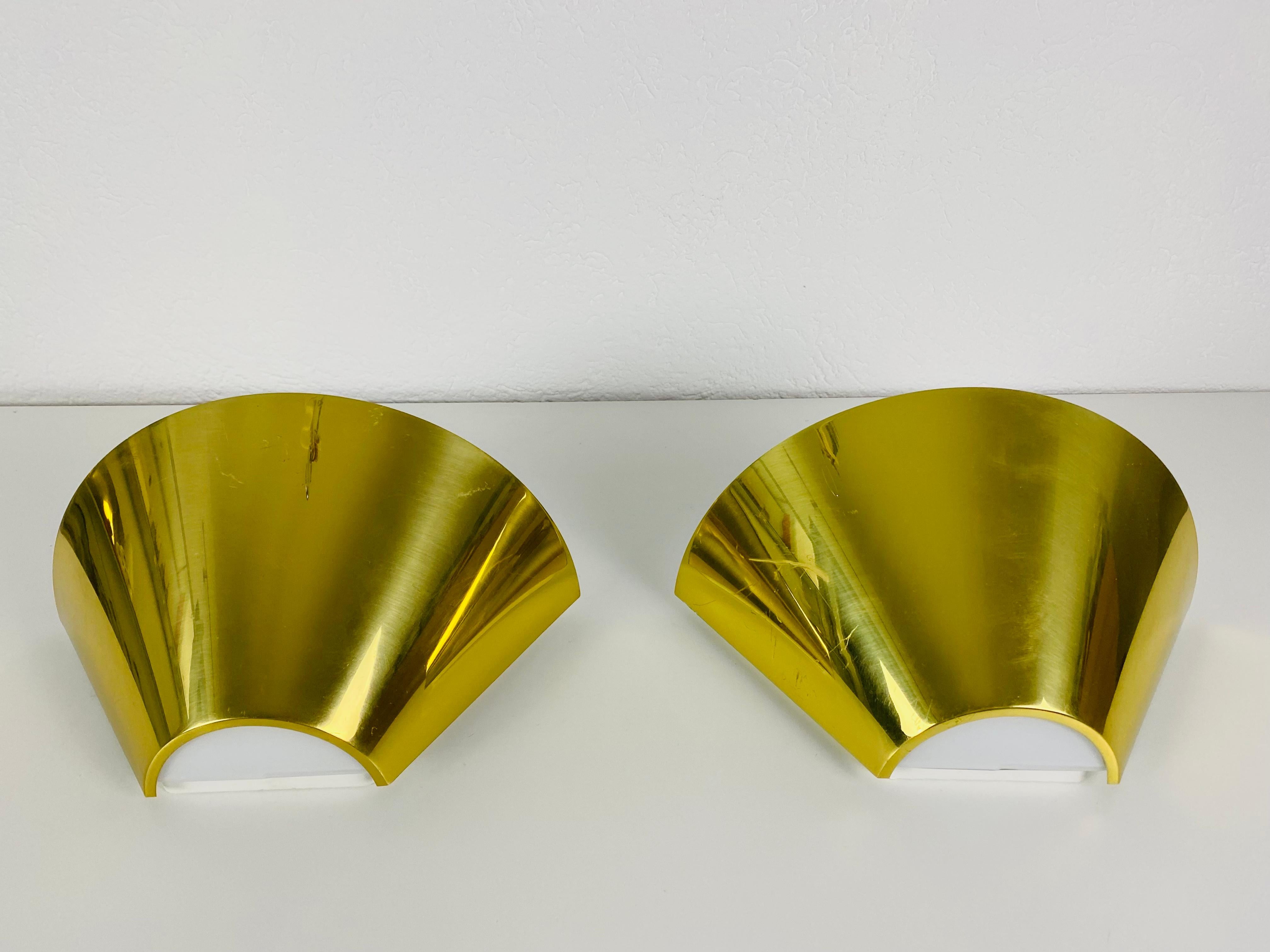 Mid-Century Modern Pair of Modernist Brass and Opaline Glass Wall Lamps by Limburg, Germany, 1980s For Sale