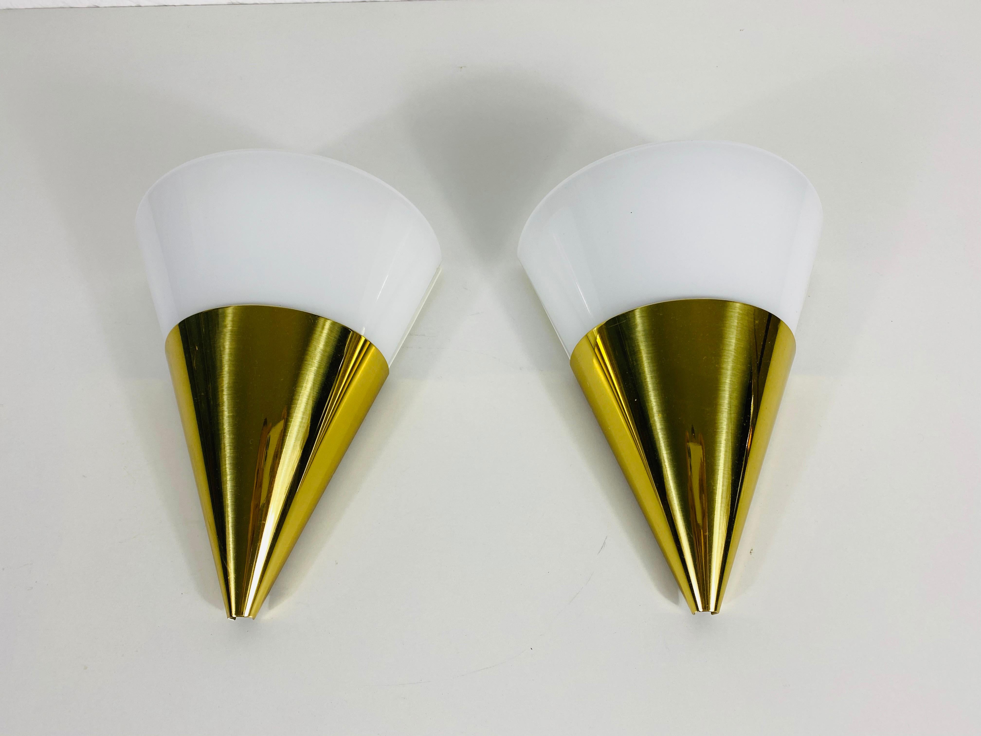 Late 20th Century Pair of Modernist Brass and Opaline Glass Wall Lamps by Limburg, Germany, 1980s For Sale