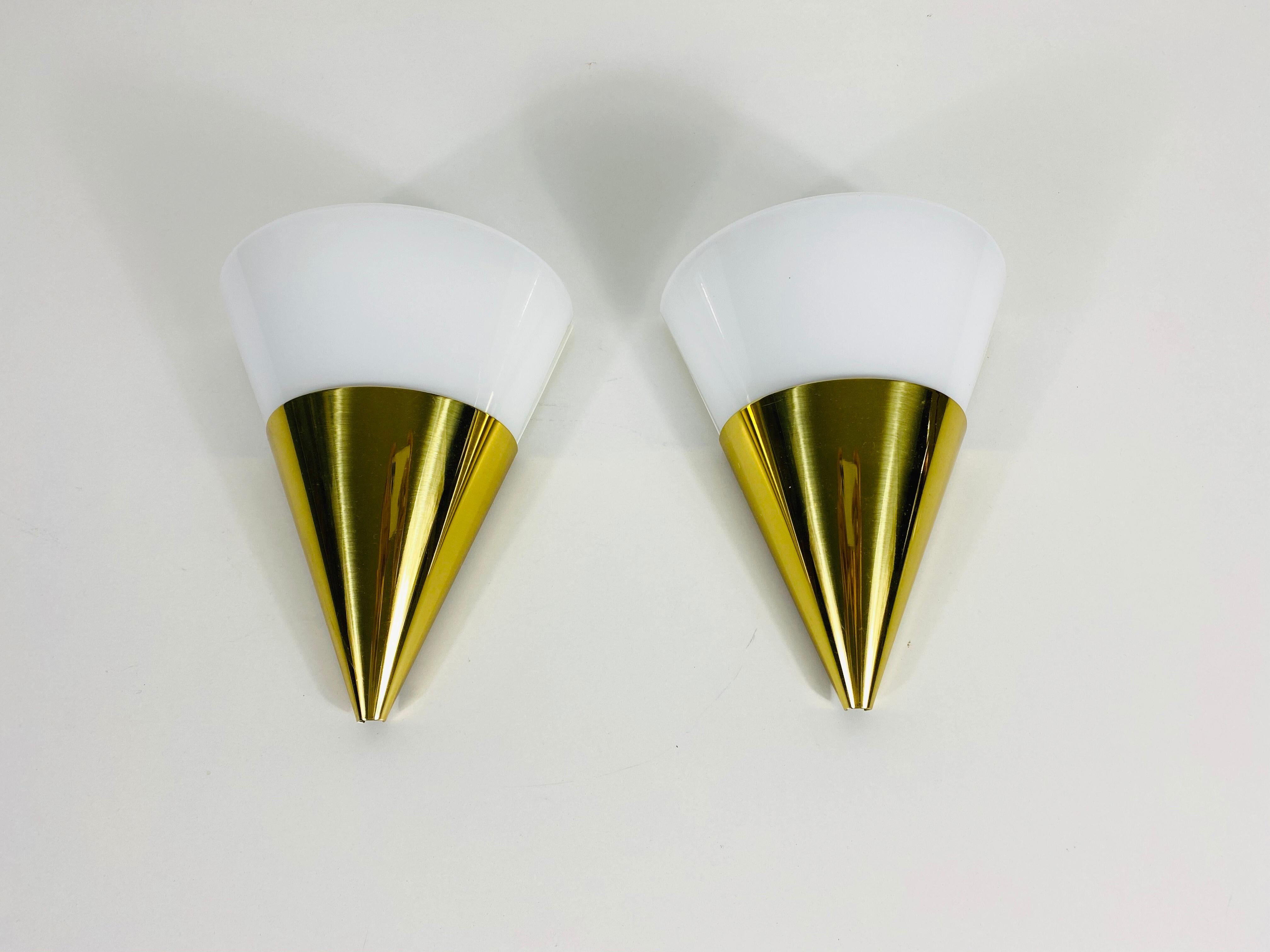 Pair of Modernist Brass and Opaline Glass Wall Lamps by Limburg, Germany, 1980s For Sale 1