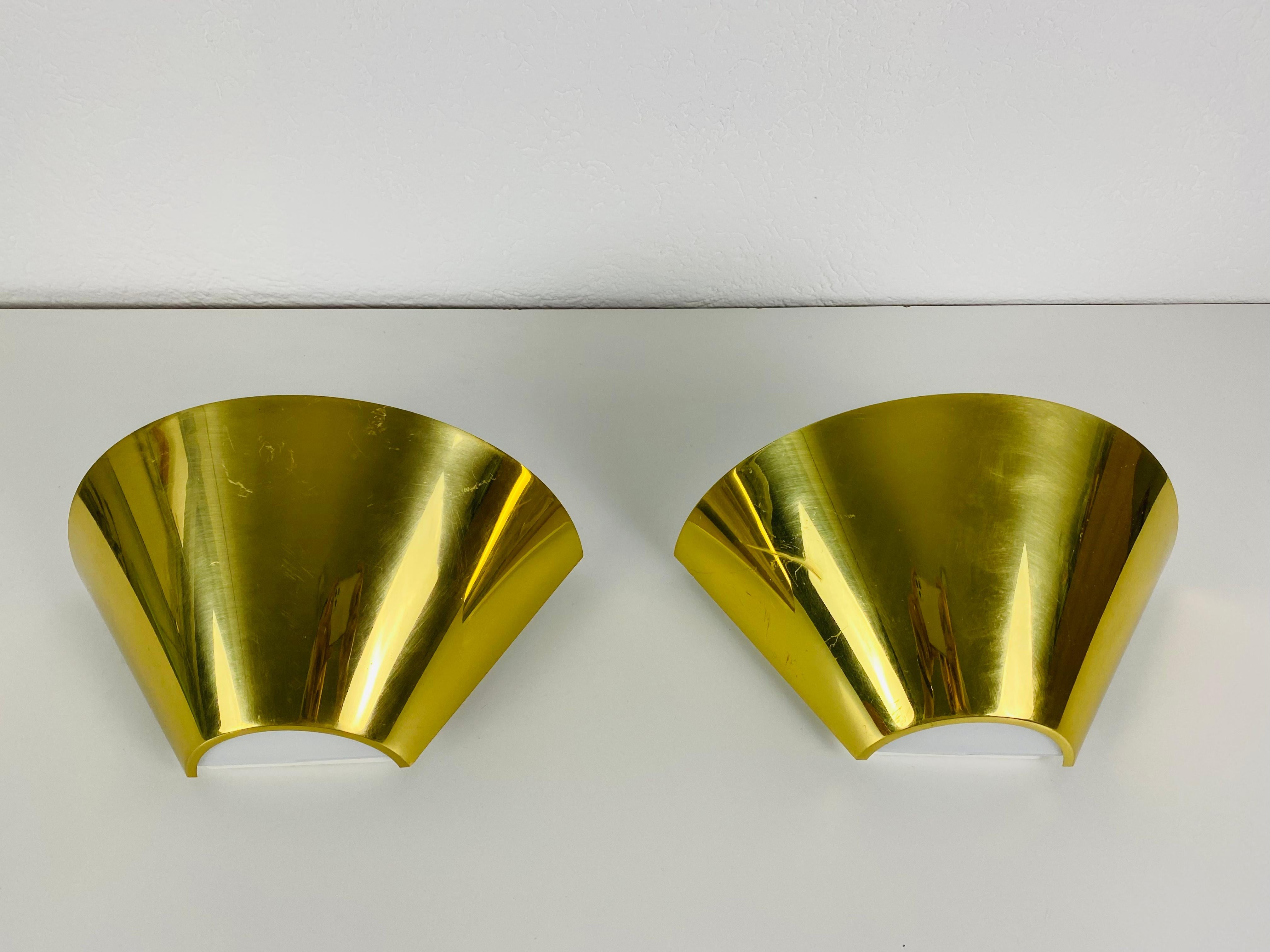 Pair of Modernist Brass and Opaline Glass Wall Lamps by Limburg, Germany, 1980s For Sale 1