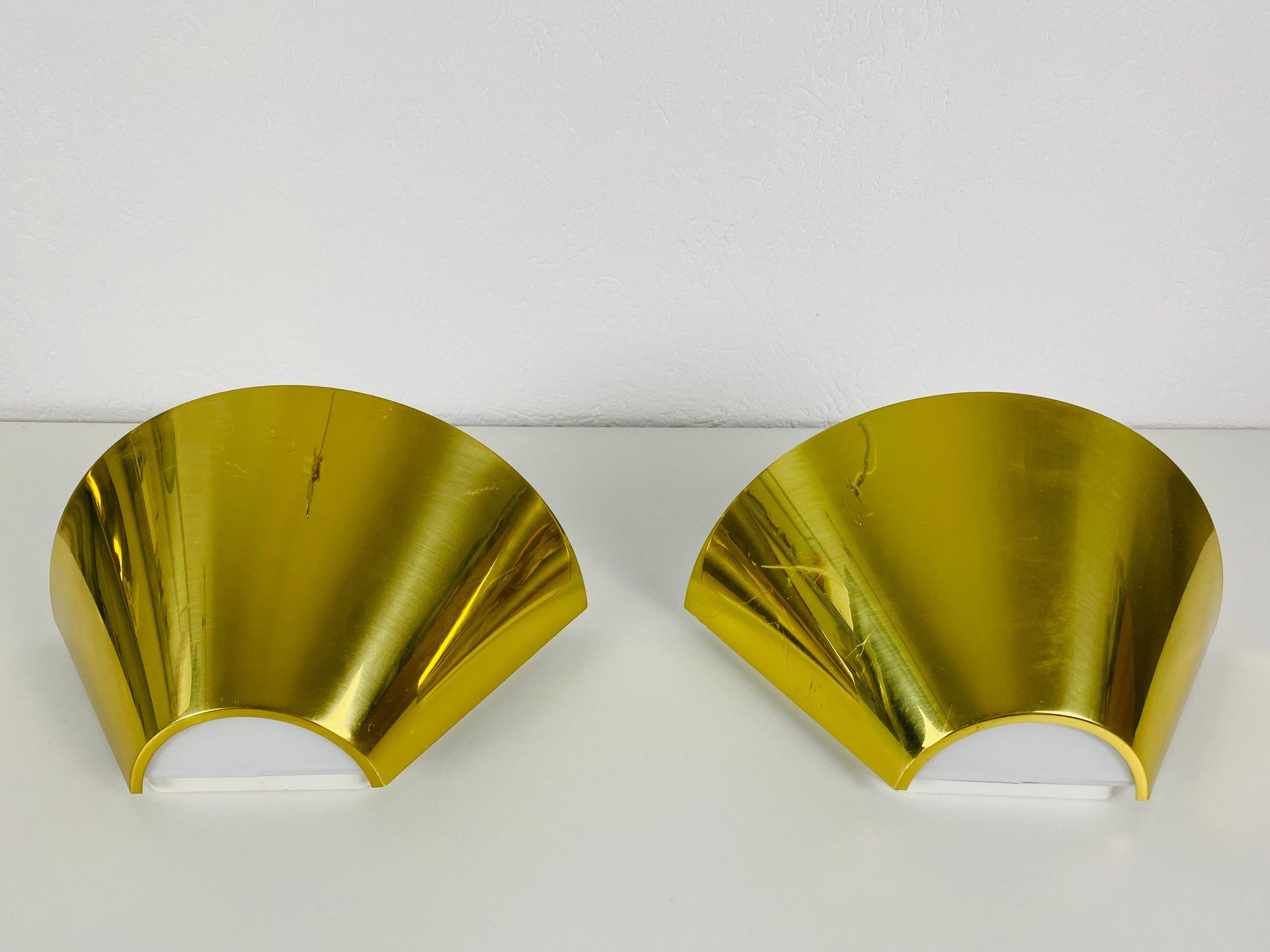 Pair of Modernist Brass and Opaline Glass Wall Lamps by Limburg, Germany, 1980s For Sale 2