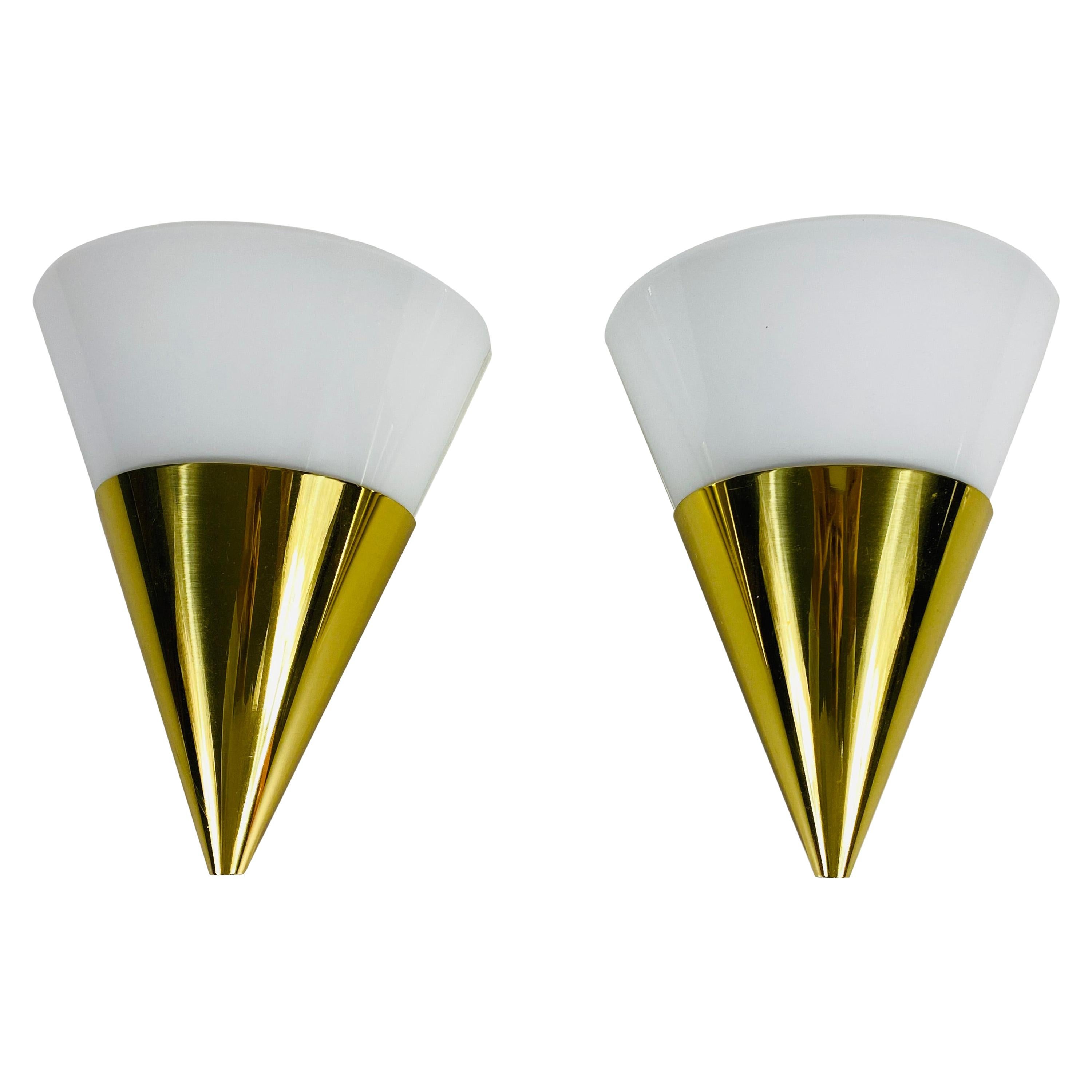 Pair of Modernist Brass and Opaline Glass Wall Lamps by Limburg, Germany, 1980s