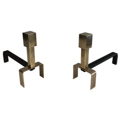 Pair of Modernist Brass and Wrought Iron Andirons, French, Circa 1970