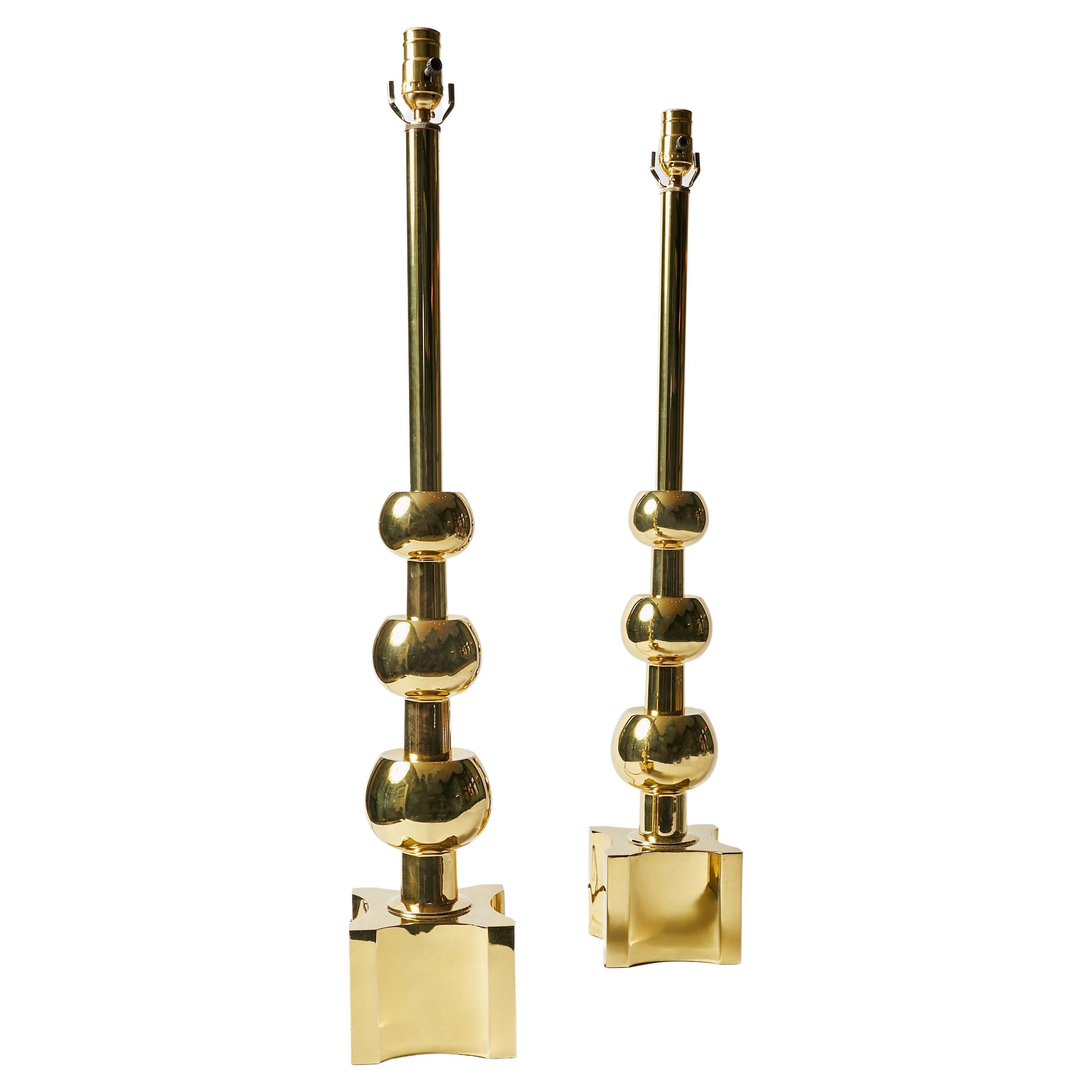Pair of Modernist Brass Lamps by Tommi Parzinger For Sale