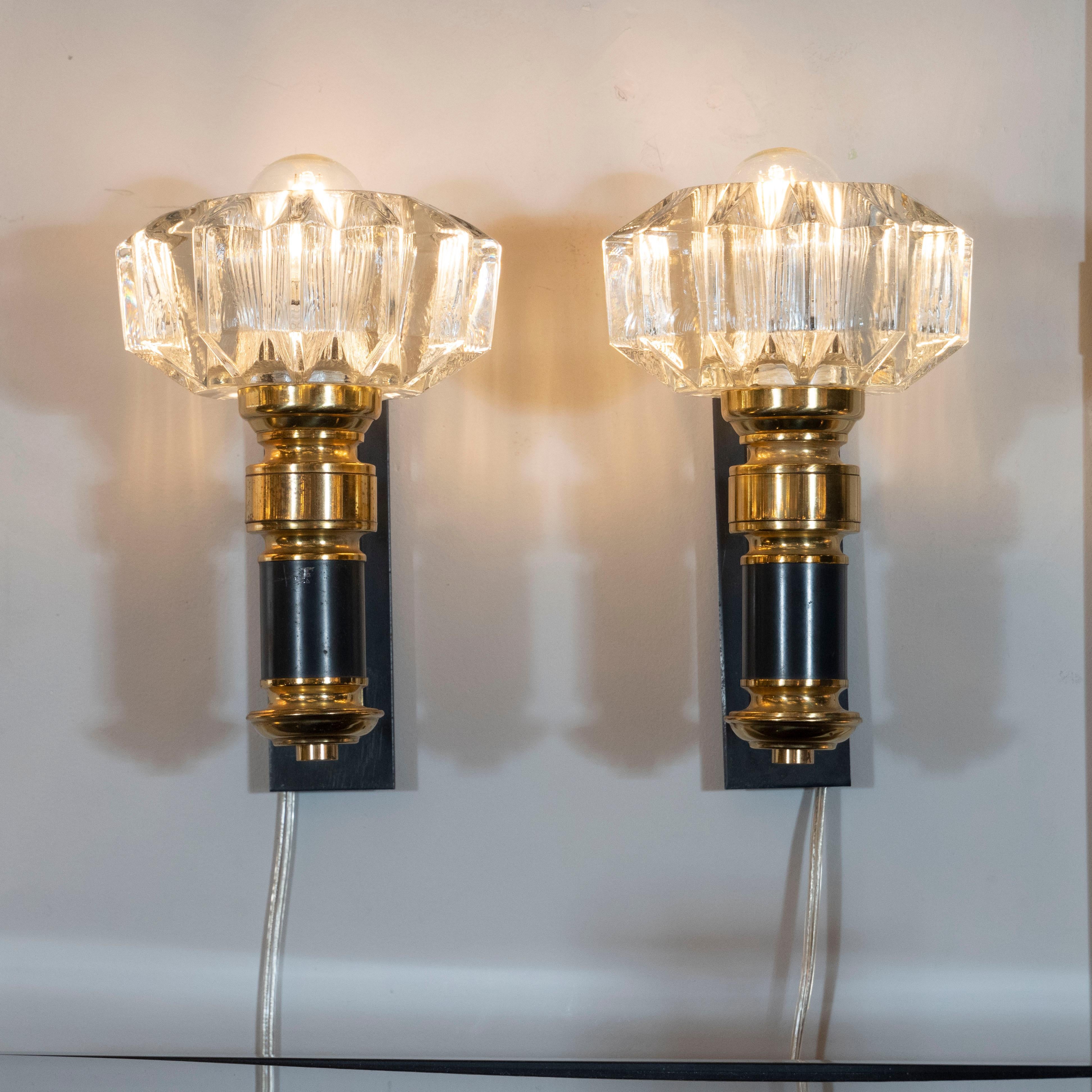 Pair of Modernist Brass, Hand Blown Clear Murano Glass and Black Enamel Sconces For Sale 5