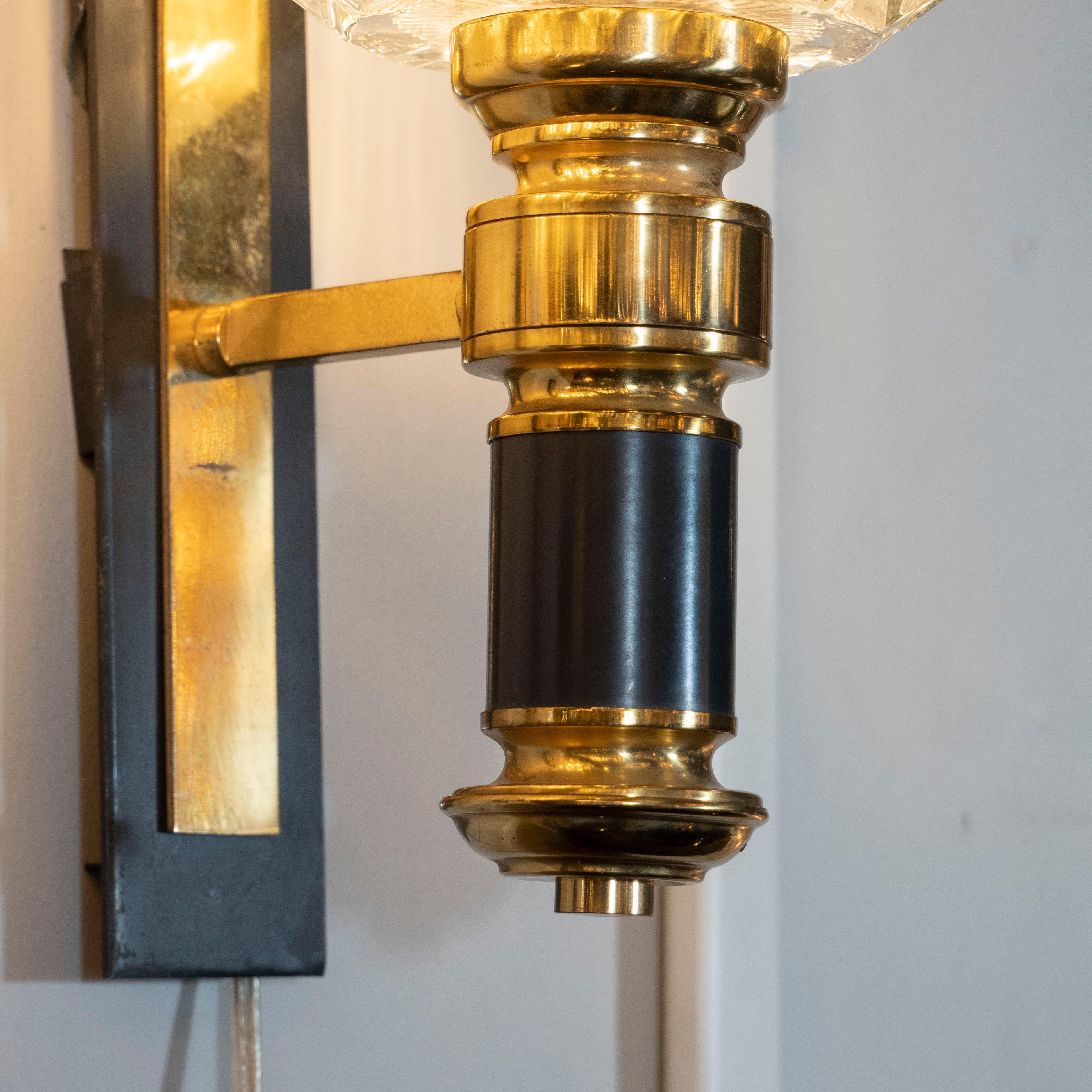 Pair of Modernist Brass, Hand Blown Clear Murano Glass and Black Enamel Sconces For Sale 6