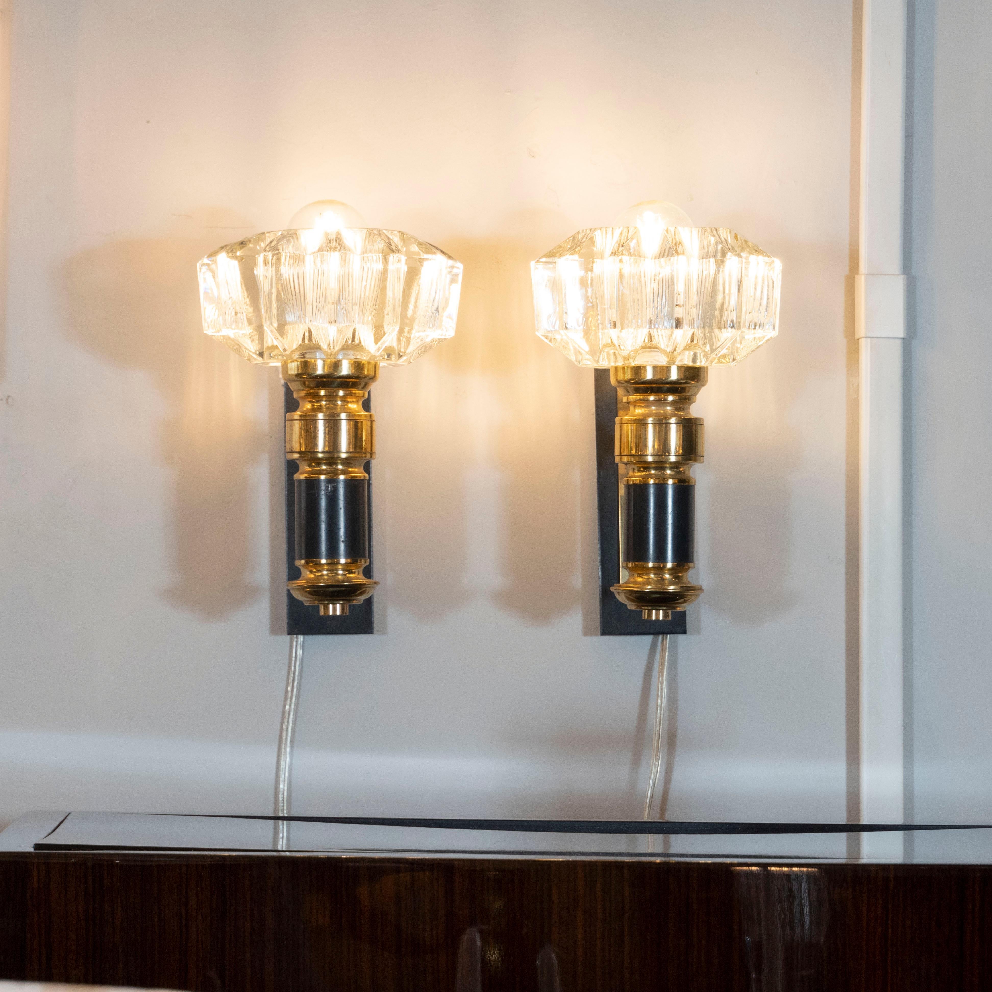 Italian Pair of Modernist Brass, Hand Blown Clear Murano Glass and Black Enamel Sconces For Sale
