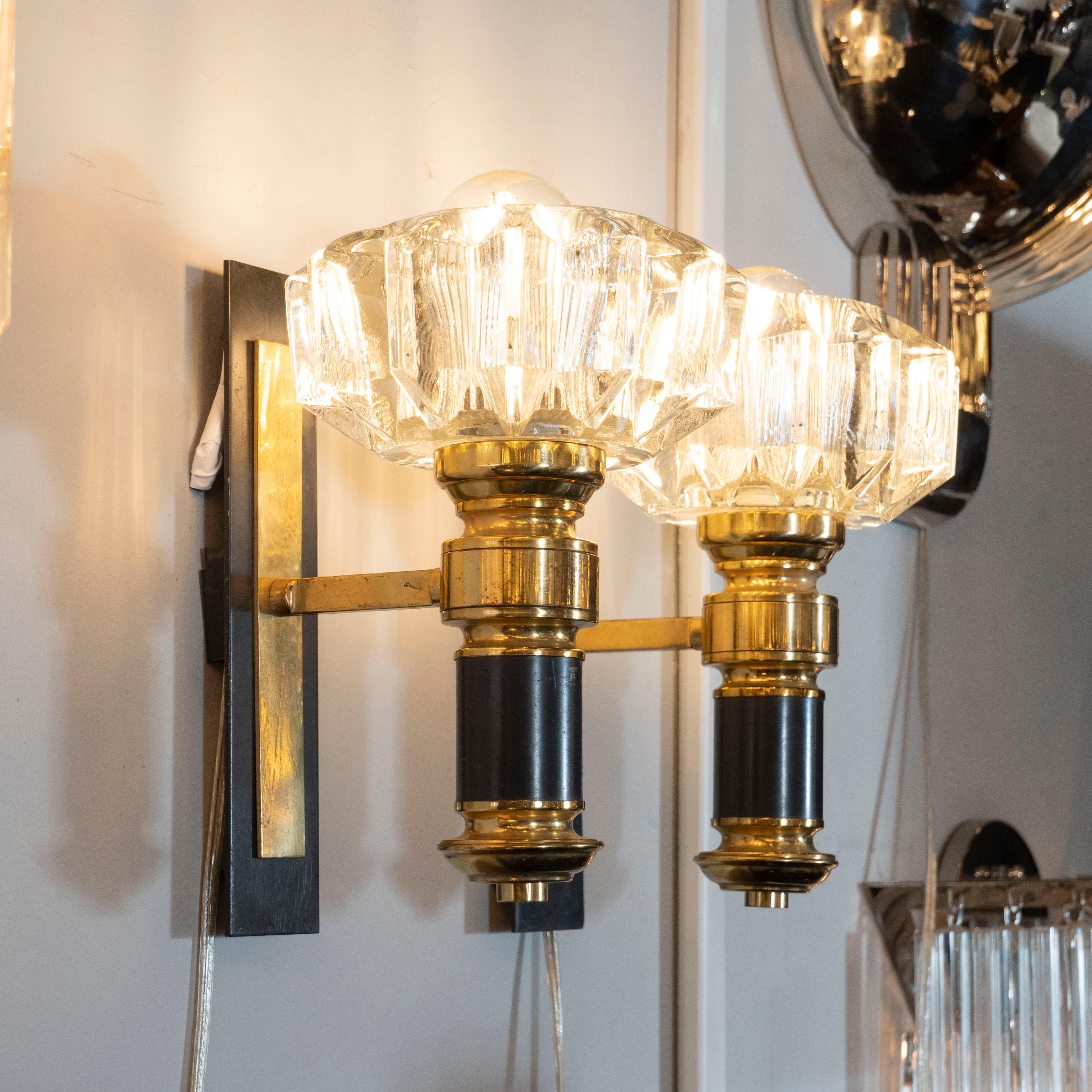 Pair of Modernist Brass, Hand Blown Clear Murano Glass and Black Enamel Sconces In Excellent Condition For Sale In New York, NY