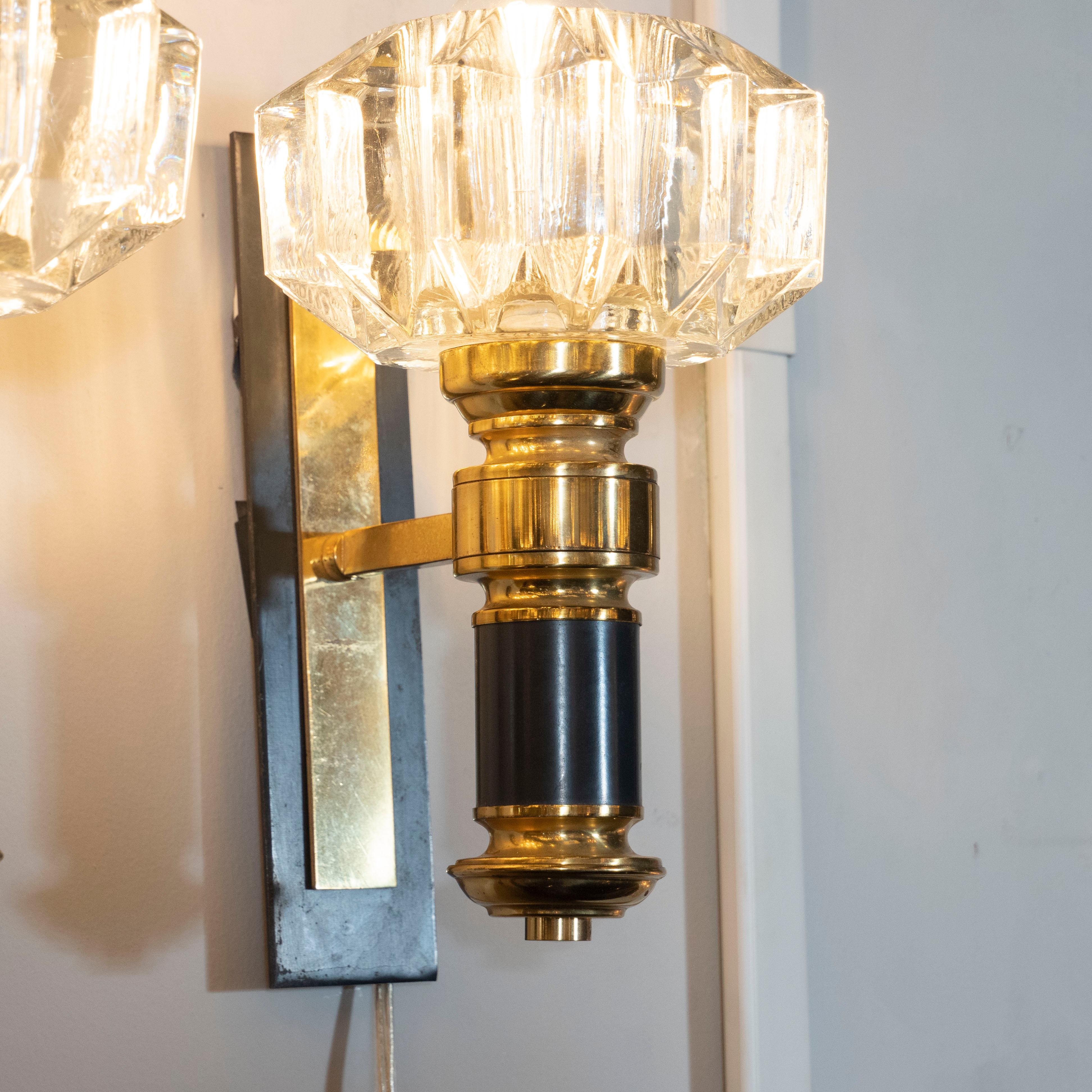 Late 20th Century Pair of Modernist Brass, Hand Blown Clear Murano Glass and Black Enamel Sconces For Sale