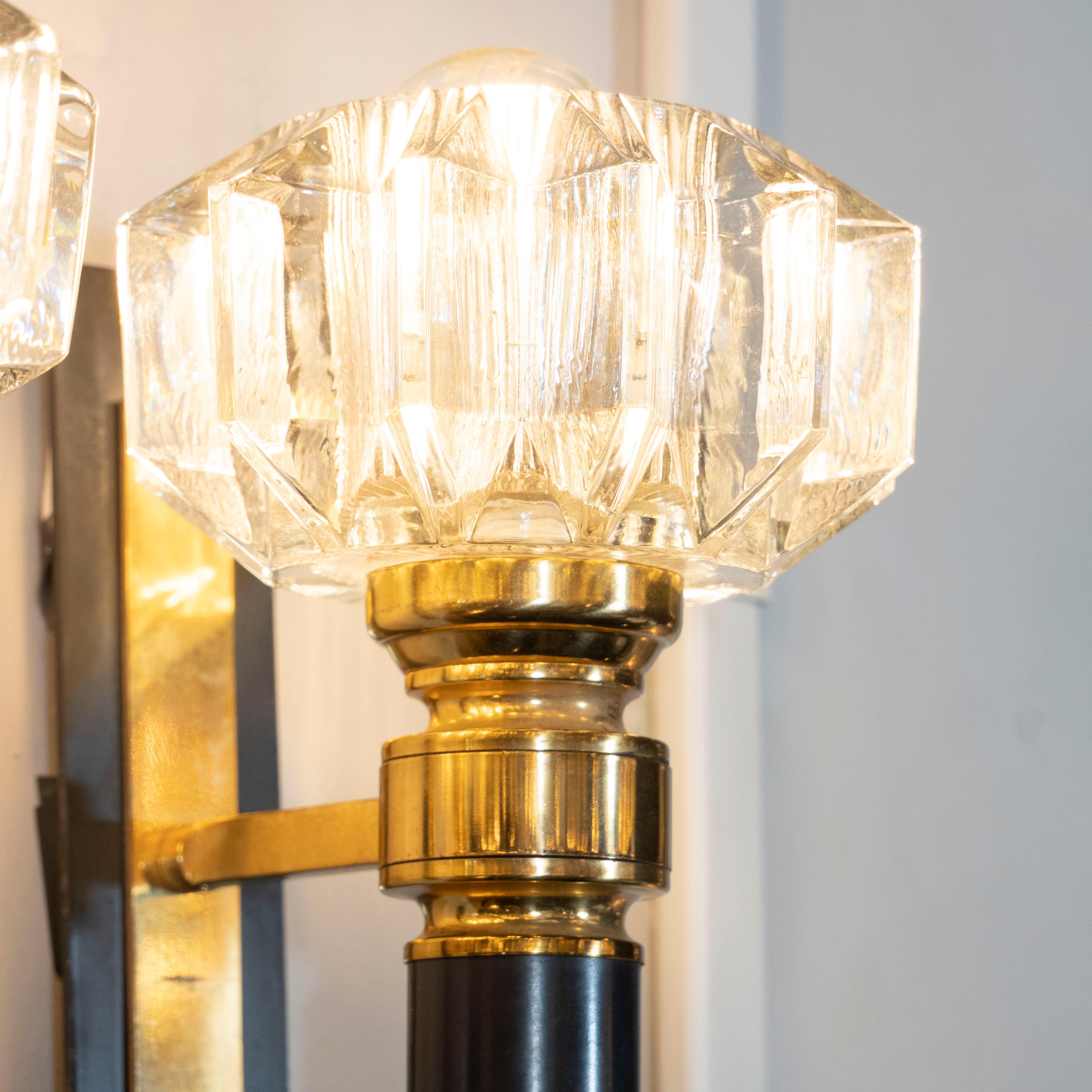 Pair of Modernist Brass, Hand Blown Clear Murano Glass and Black Enamel Sconces For Sale 2