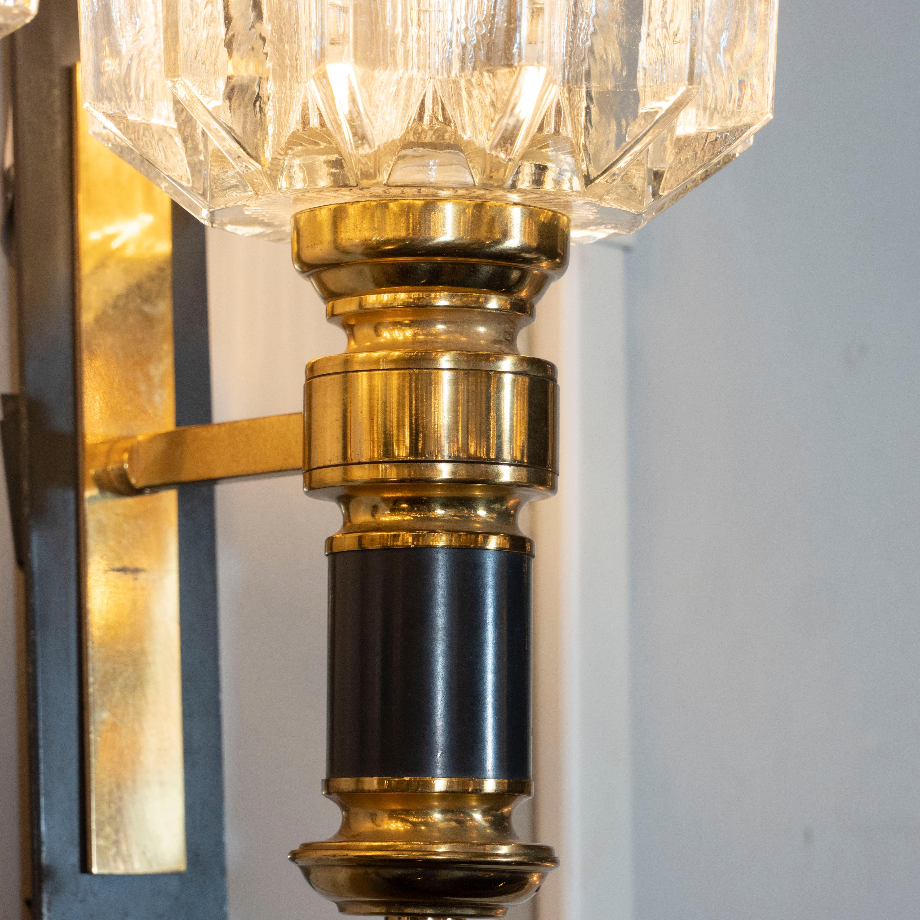 Pair of Modernist Brass, Hand Blown Clear Murano Glass and Black Enamel Sconces For Sale 3