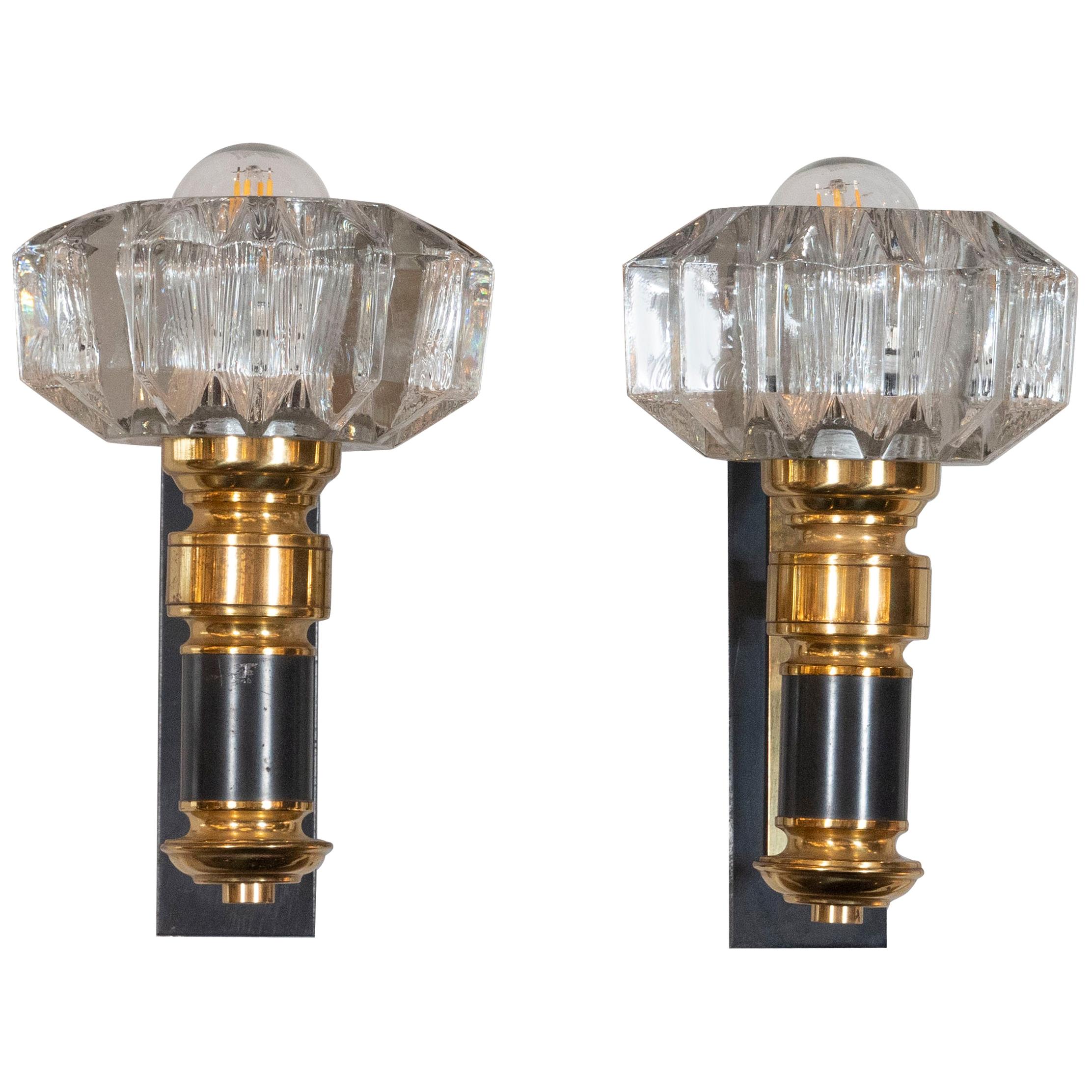 Pair of Modernist Brass, Hand Blown Clear Murano Glass and Black Enamel Sconces For Sale