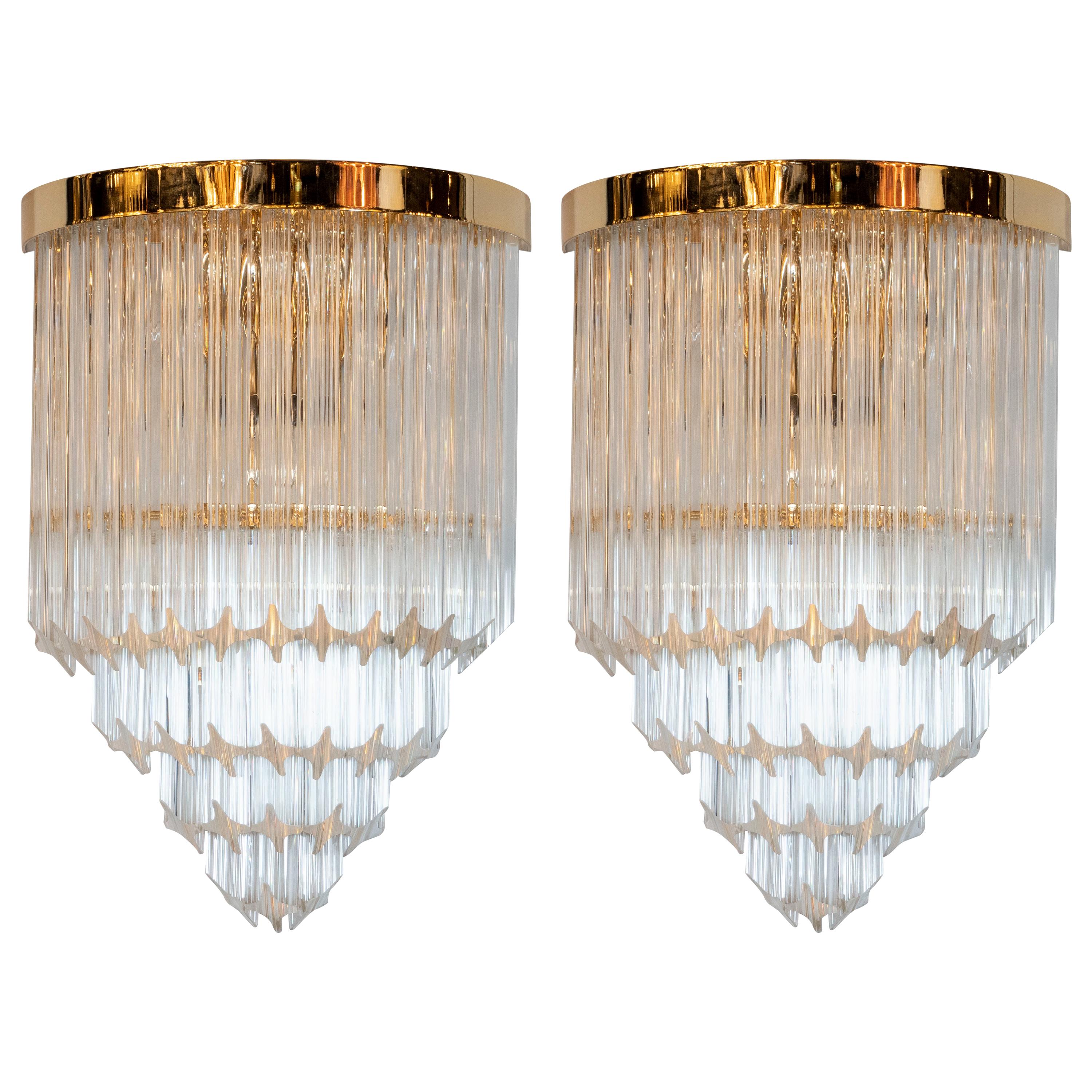 Pair of Modernist Brass and Hand Blown Murano Glass 4-Tier Quadretti Sconces For Sale