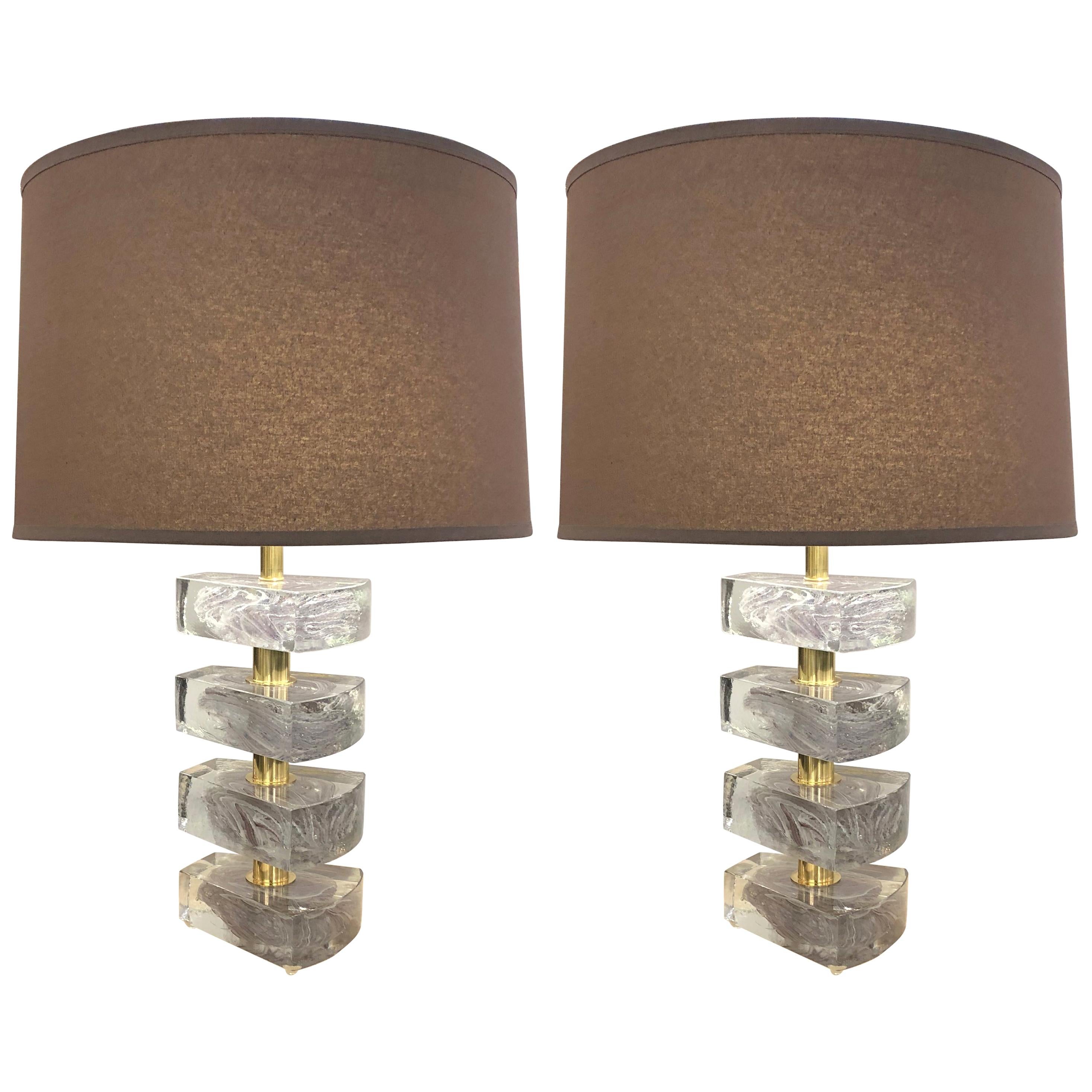 Pair of Modernist Brass and Hand Blown Translucent Murano Glass "Cloud" Lamps For Sale