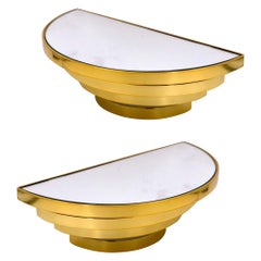 Pair of Modernist Brass & Mirrored Tops Demilune Wall Hanging Shelves