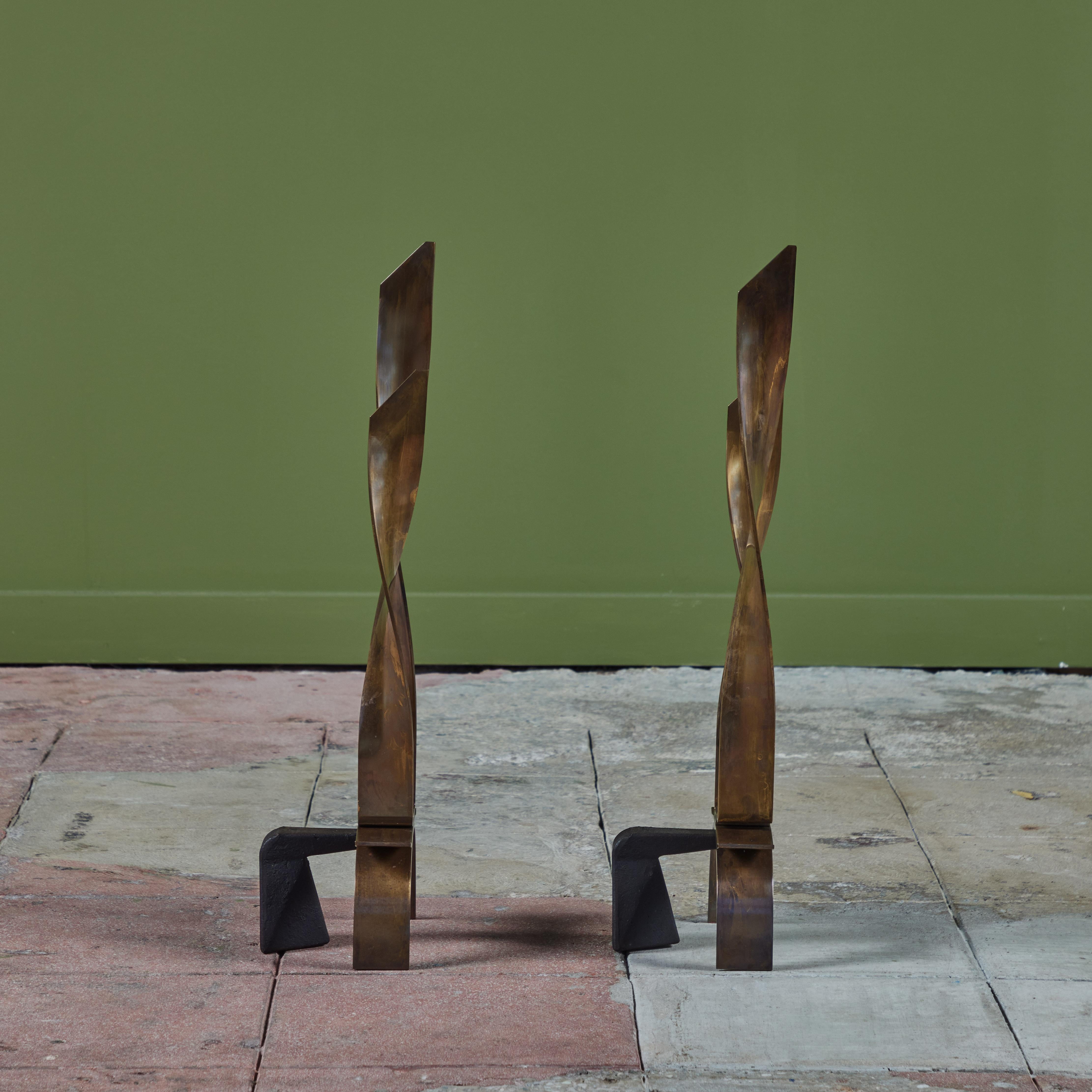 American Pair of Modernist Brass Ribbon Andirons For Sale