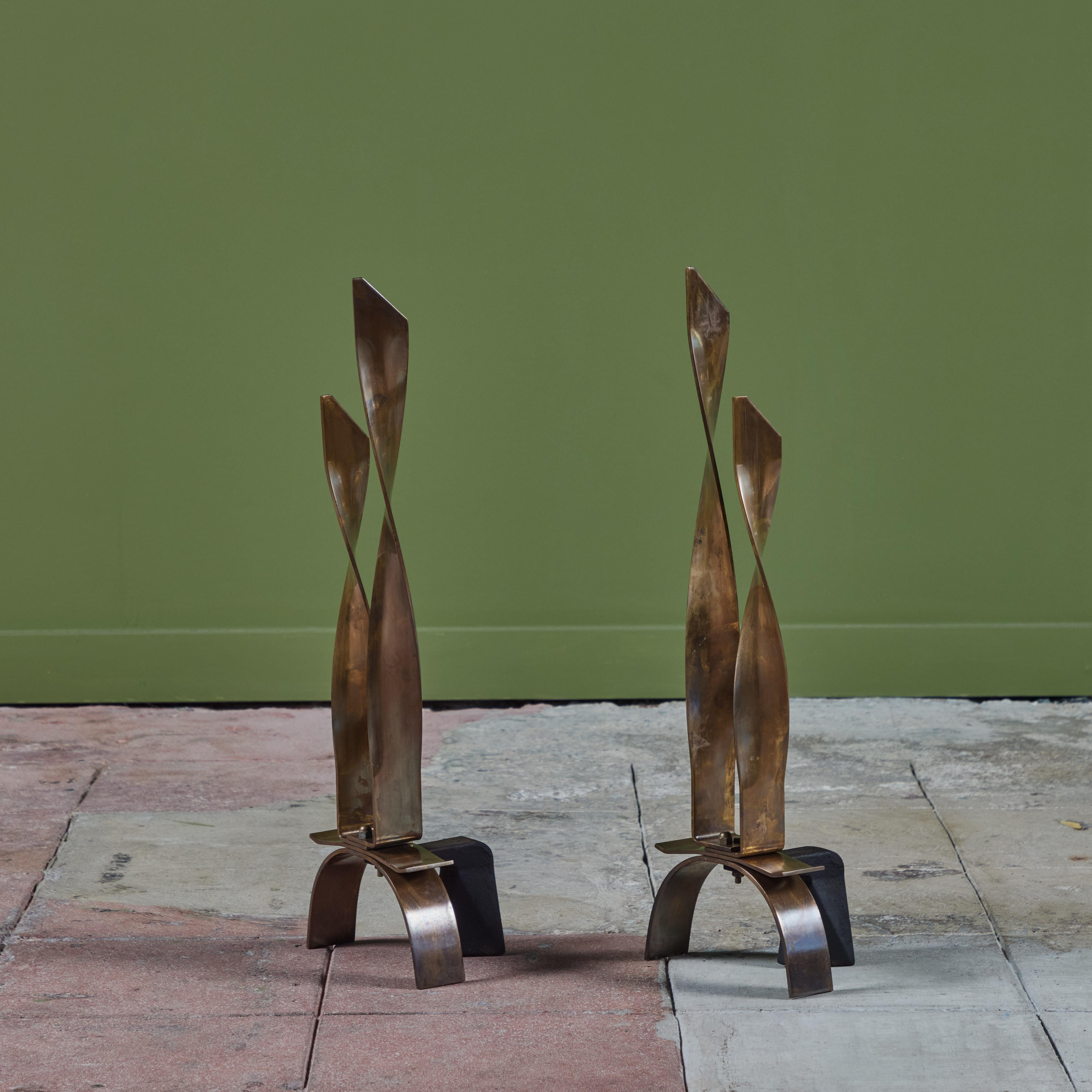 Patinated Pair of Modernist Brass Ribbon Andirons For Sale