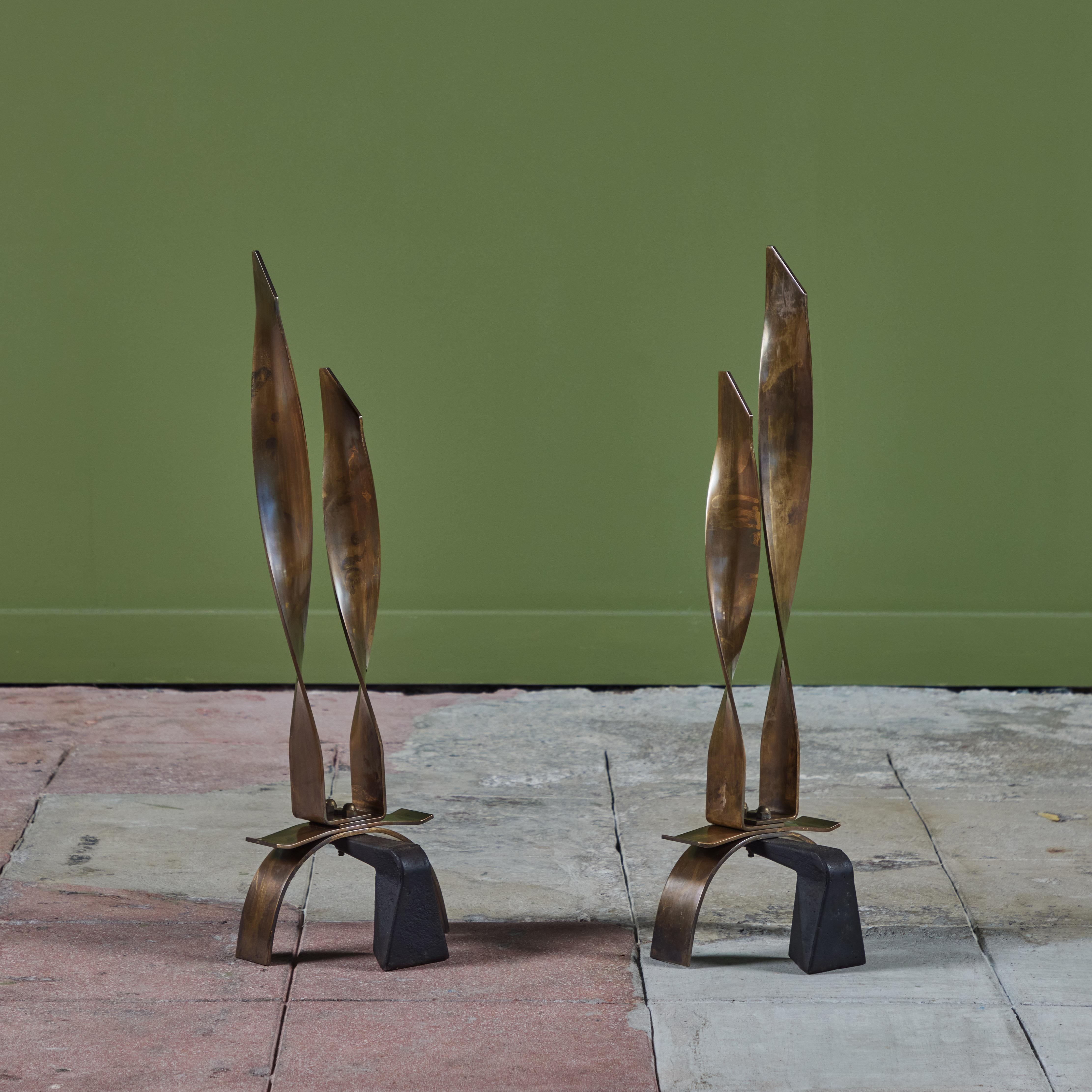 20th Century Pair of Modernist Brass Ribbon Andirons For Sale
