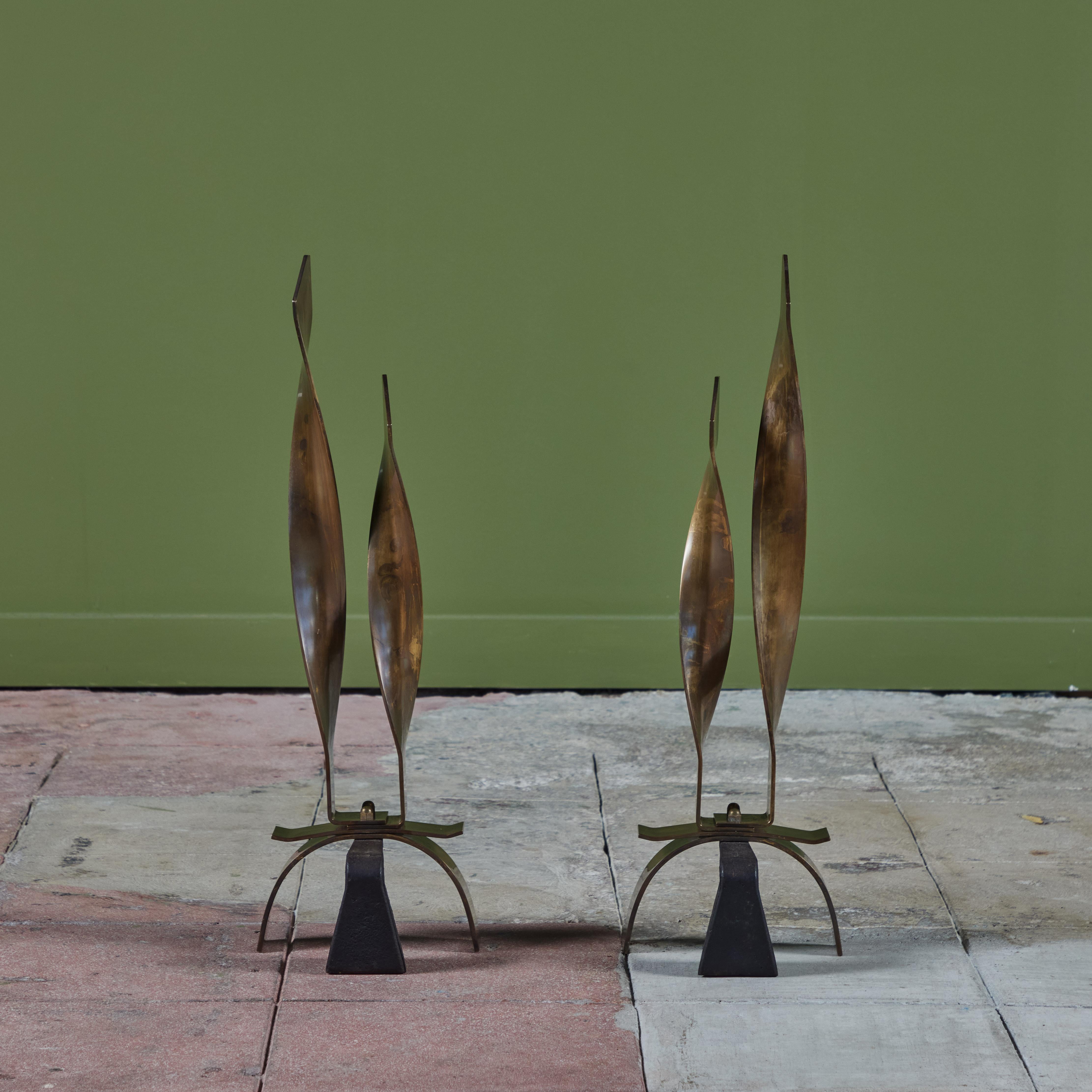 Pair of Modernist Brass Ribbon Andirons For Sale 1