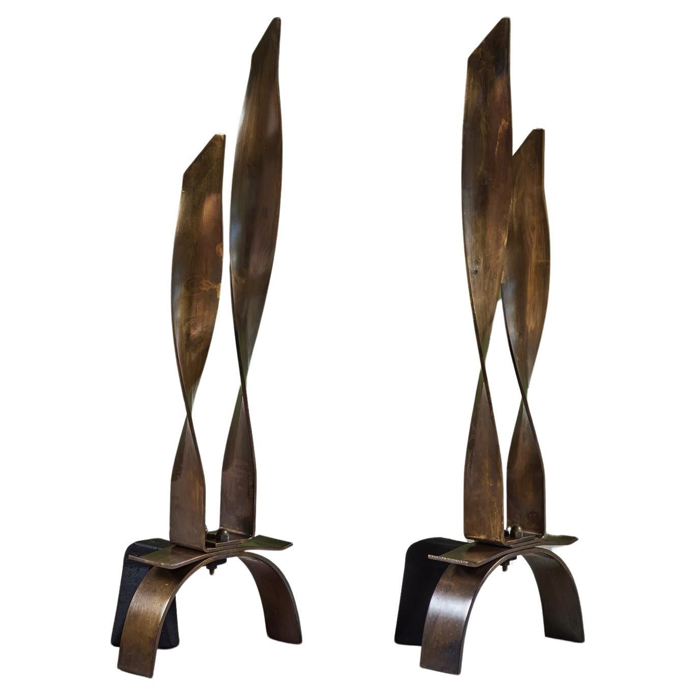 Pair of Modernist Brass Ribbon Andirons