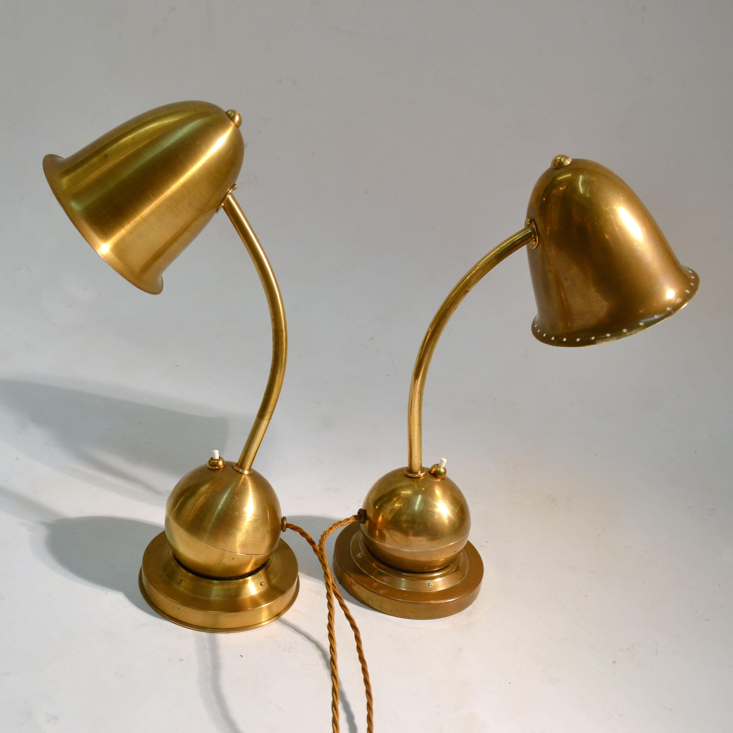 Dutch Pair of Modernist Brass Table / Desk Lamps 1930s Lamps by Daalderop Netherlands