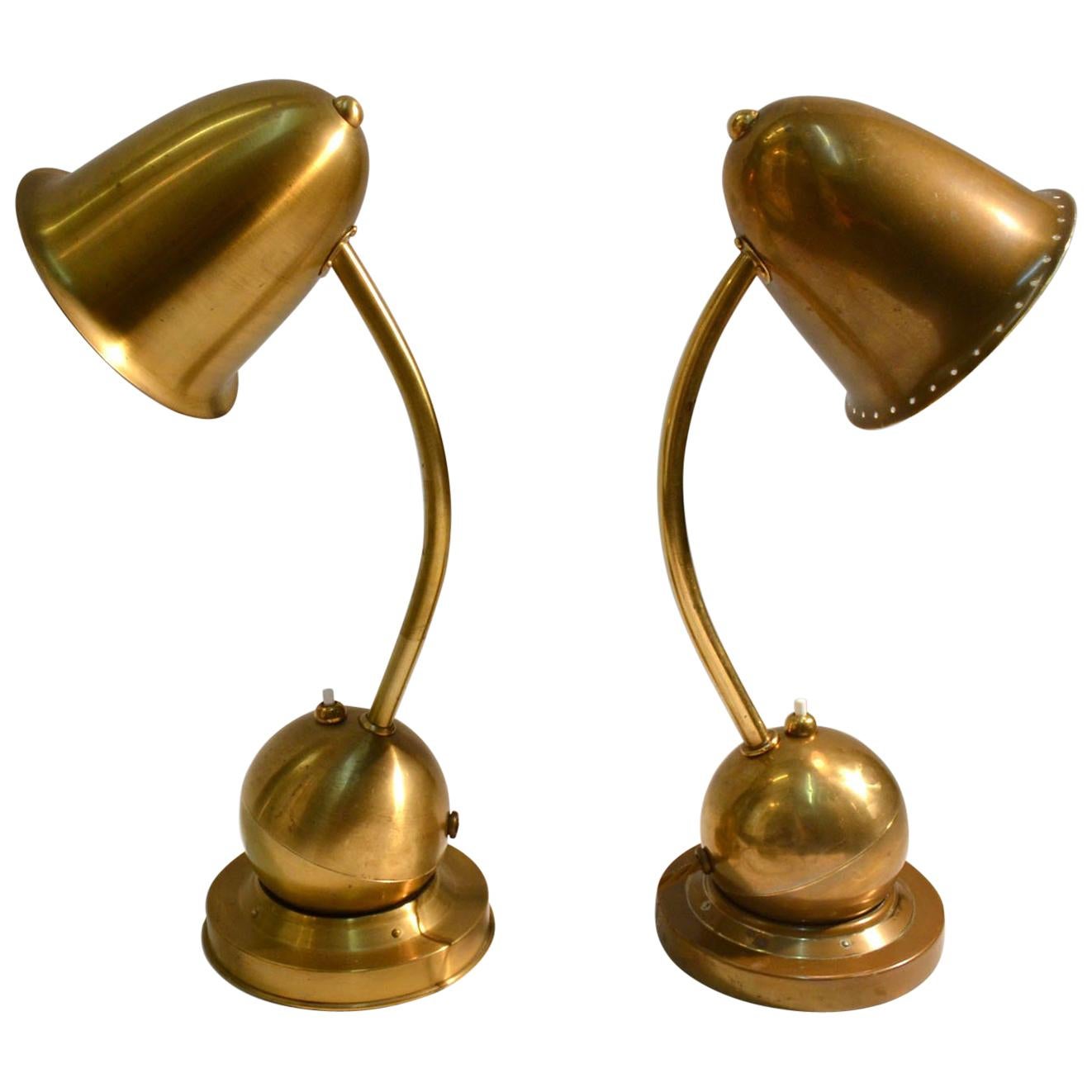Pair of Modernist Brass Table / Desk Lamps 1930s Lamps by Daalderop Netherlands