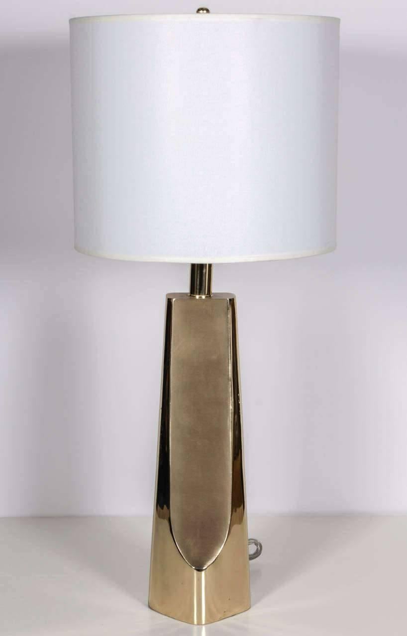 Pair of sculptural modern brass lamps with brushed brass front and back panels. Rewired for use in the USA with new sockets and cords. Shades not included.