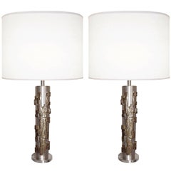 Pair of Modernist Bronze and Brushed Nickel Lamps