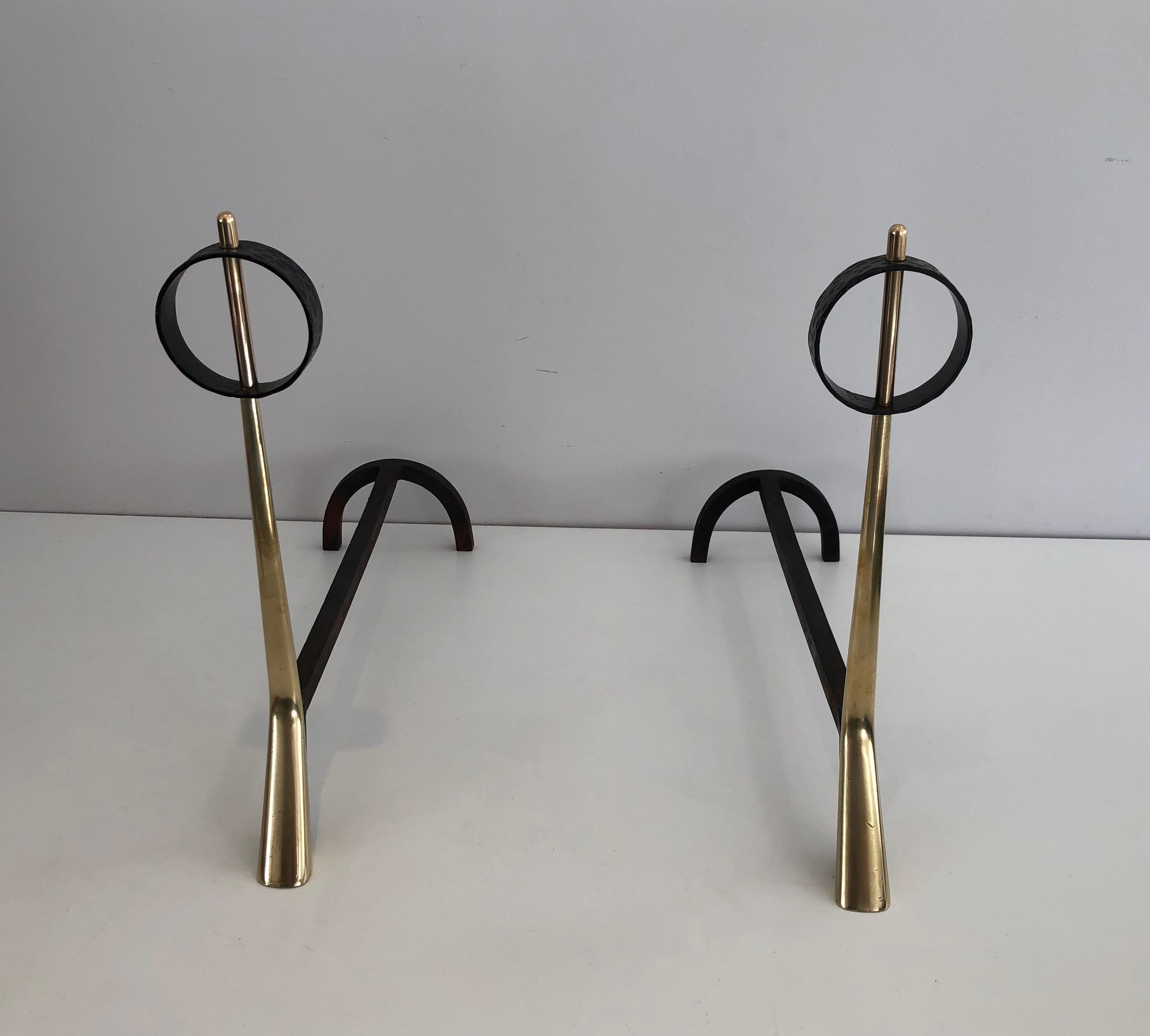 Pair of Modernist Bronze and Wrought Iron Andirons, Italian, circa 1950 For Sale 6