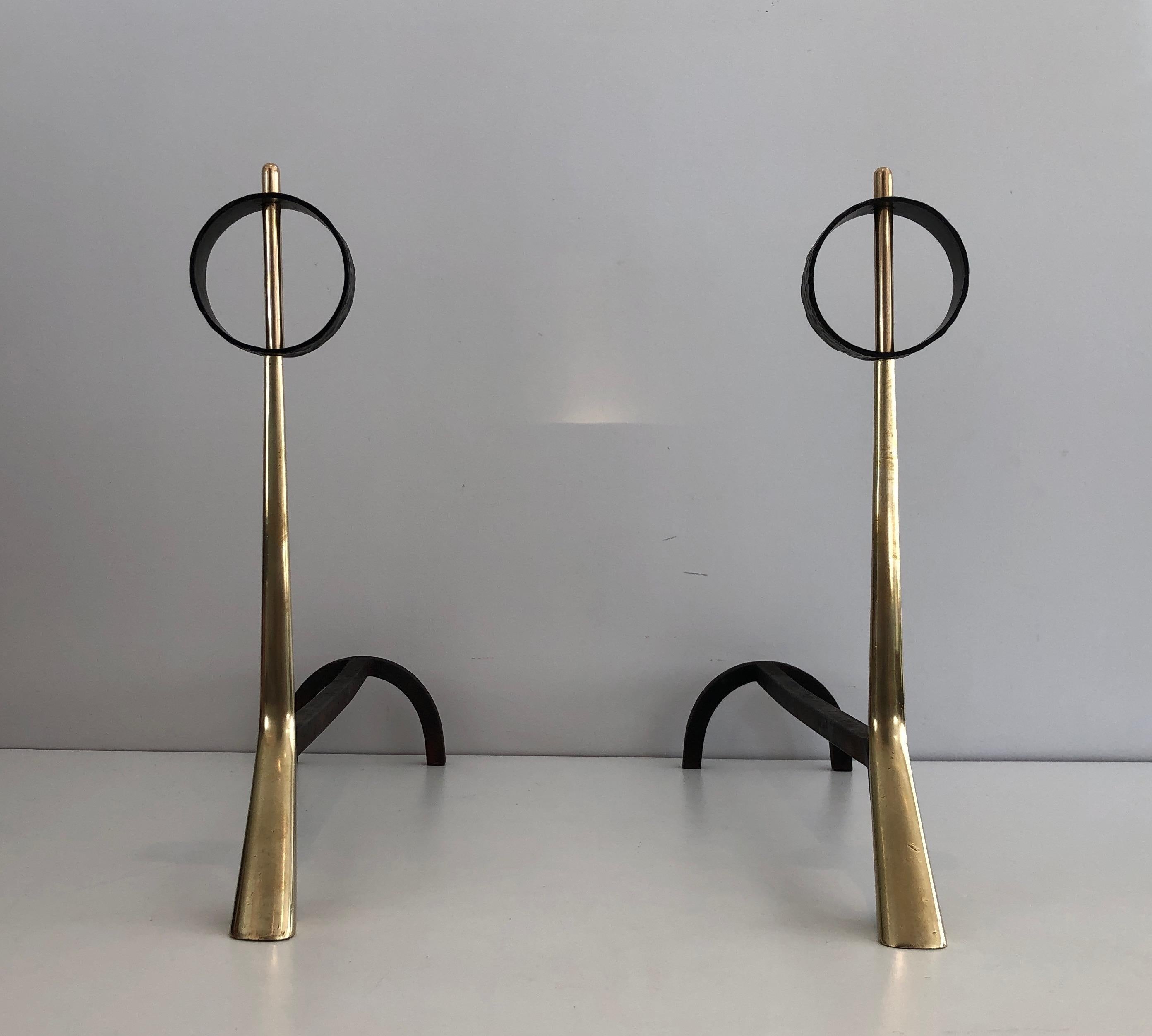 Pair of Modernist Bronze and Wrought Iron Andirons, Italian, circa 1950 For Sale 7