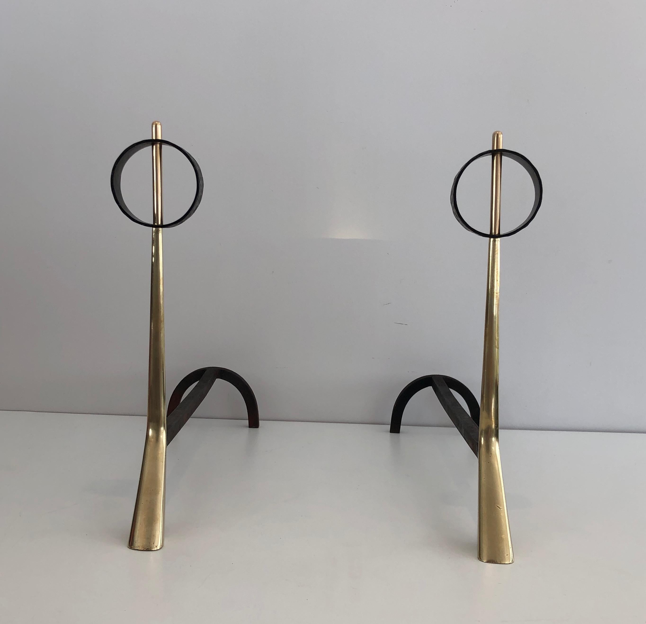 Pair of Modernist Bronze and Wrought Iron Andirons, Italian, circa 1950 For Sale 8