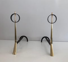 Pair of Modernist Bronze and Wrought Iron Andirons, Italian, circa 1950