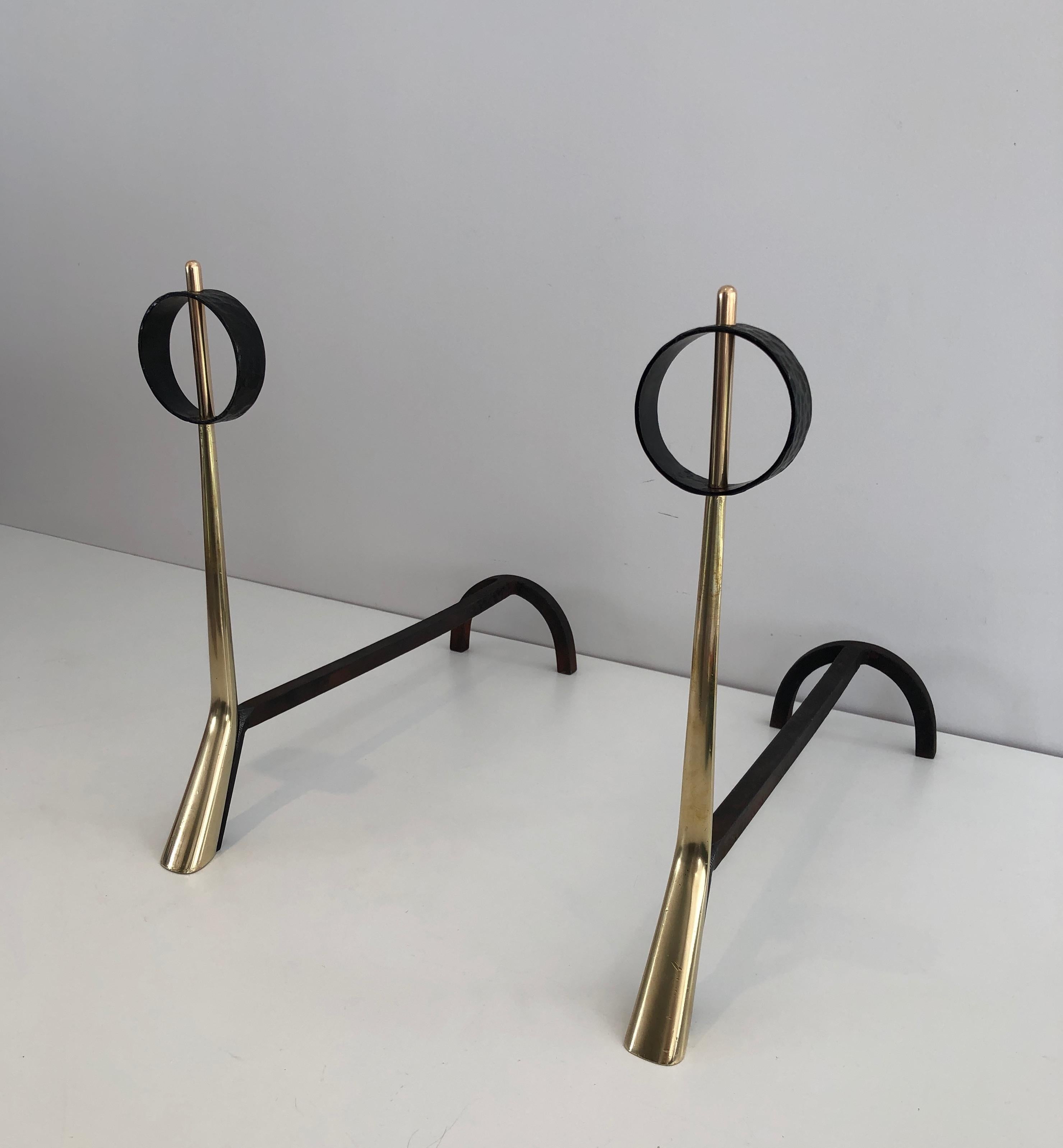 Pair of Modernist Bronze and Wrought Iron Andirons, Italian, circa 1950 For Sale 14