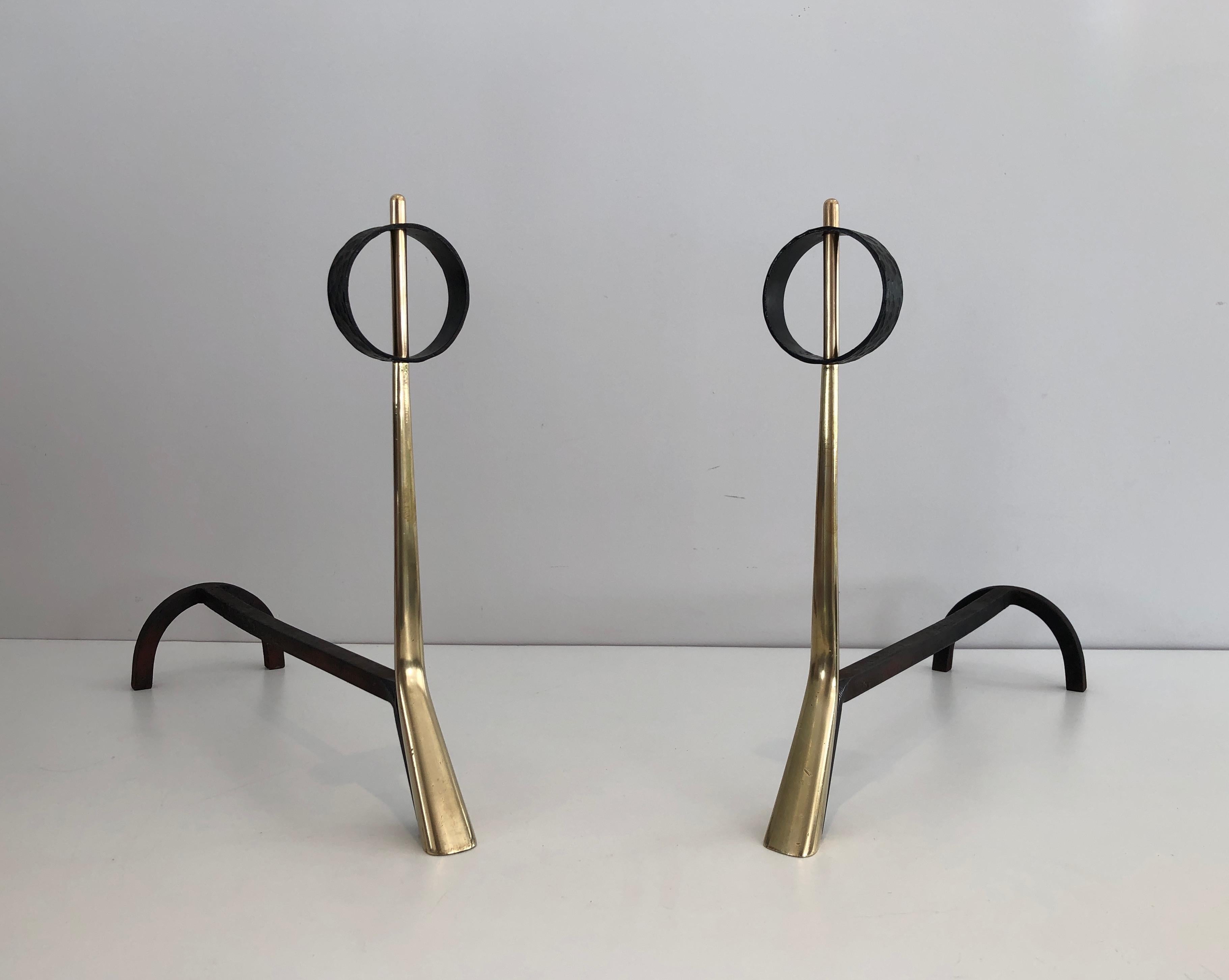 Mid-Century Modern Pair of Modernist Bronze and Wrought Iron Andirons, Italian, circa 1950 For Sale