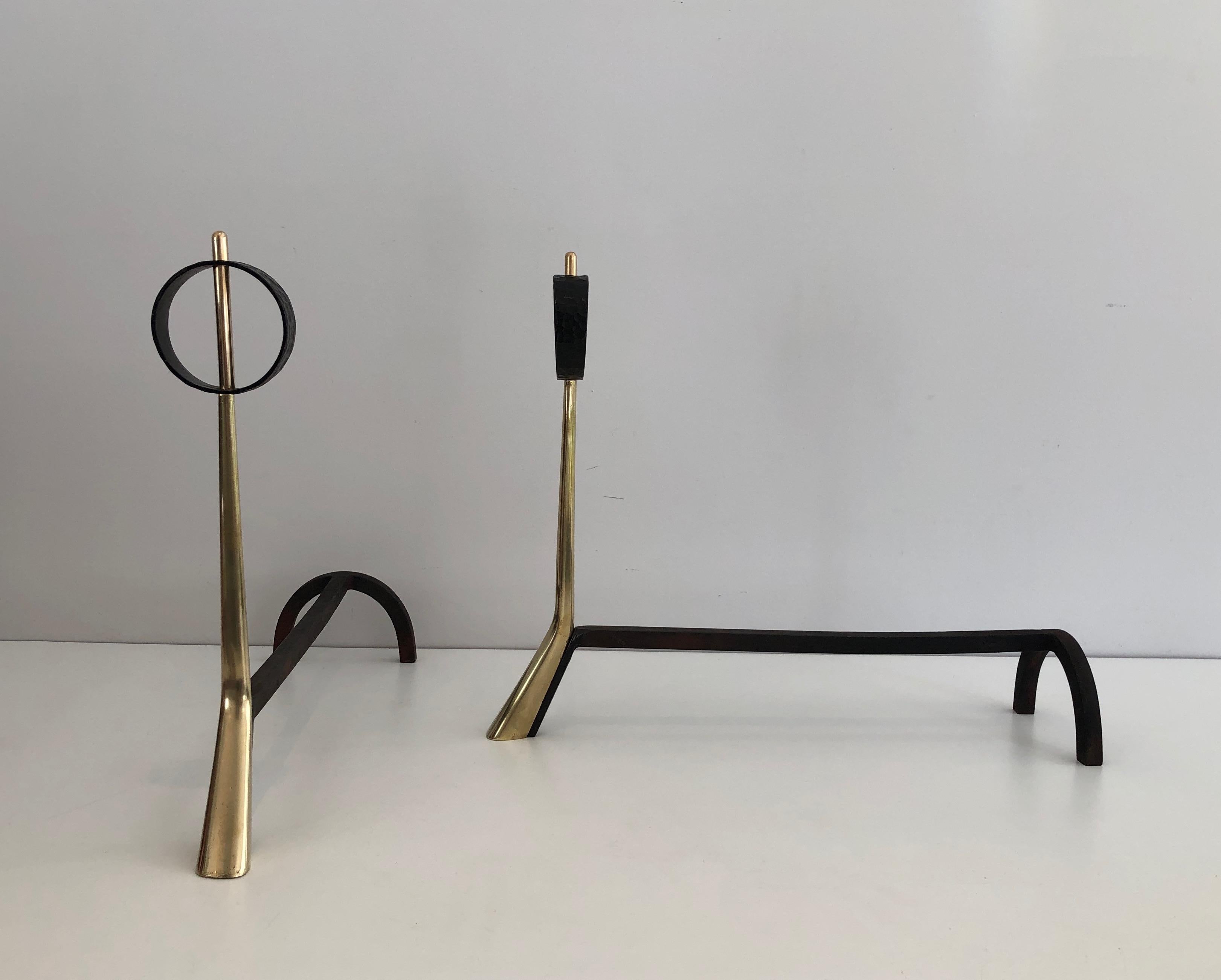 French Pair of Modernist Bronze and Wrought Iron Andirons, Italian, circa 1950 For Sale