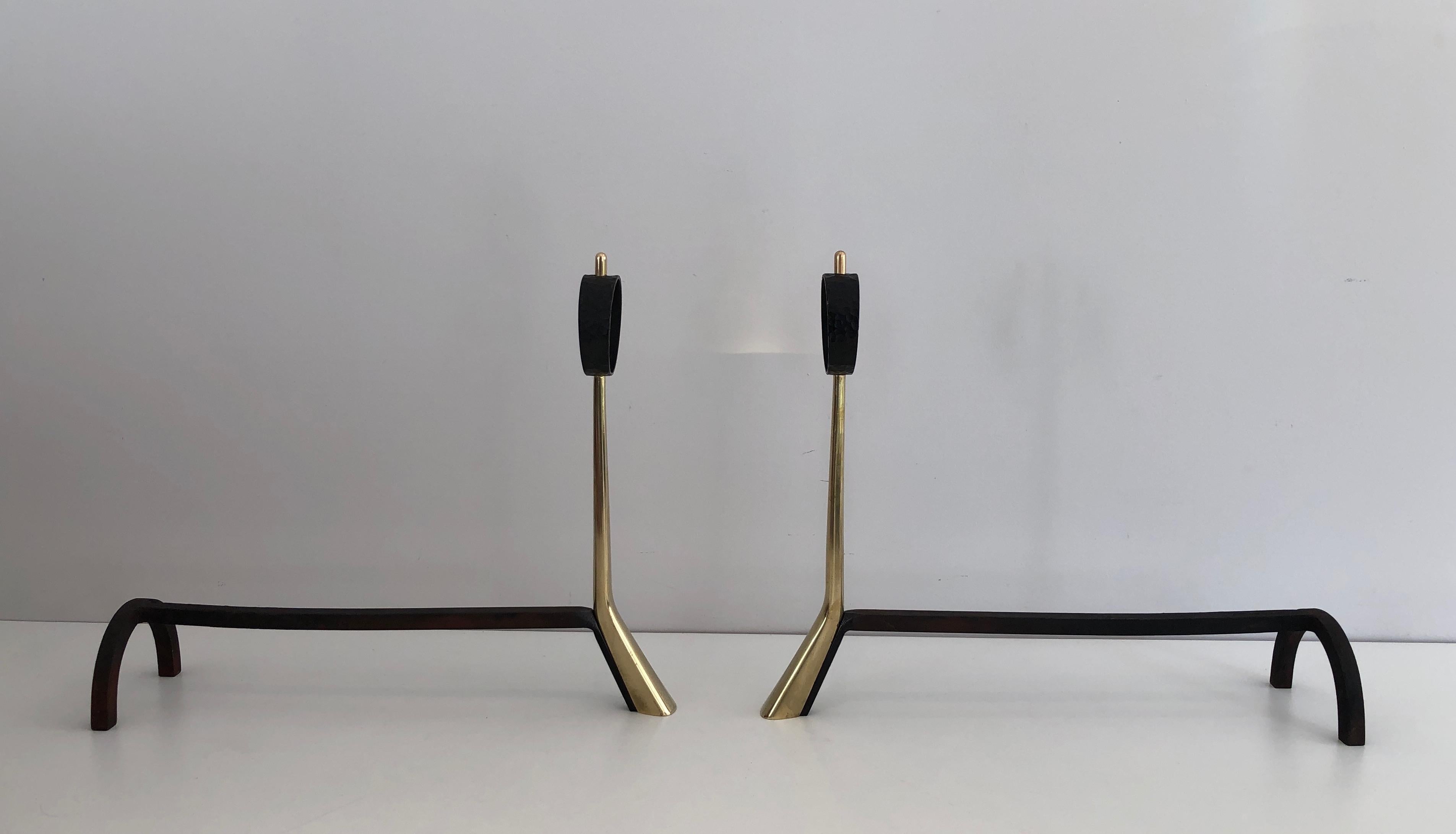 Pair of Modernist Bronze and Wrought Iron Andirons, Italian, circa 1950 For Sale 2