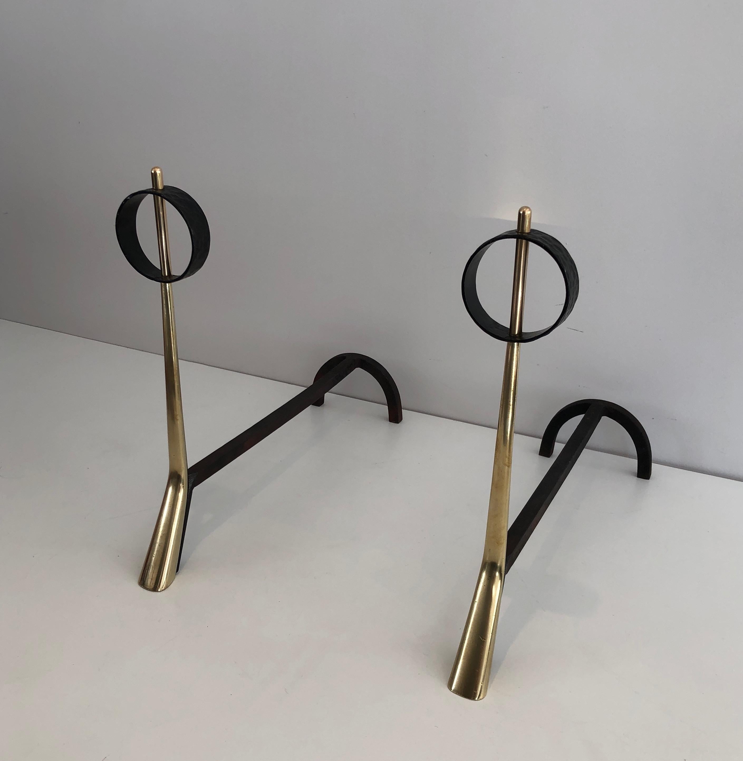 Pair of Modernist Bronze and Wrought Iron Andirons, Italian, circa 1950 For Sale 3