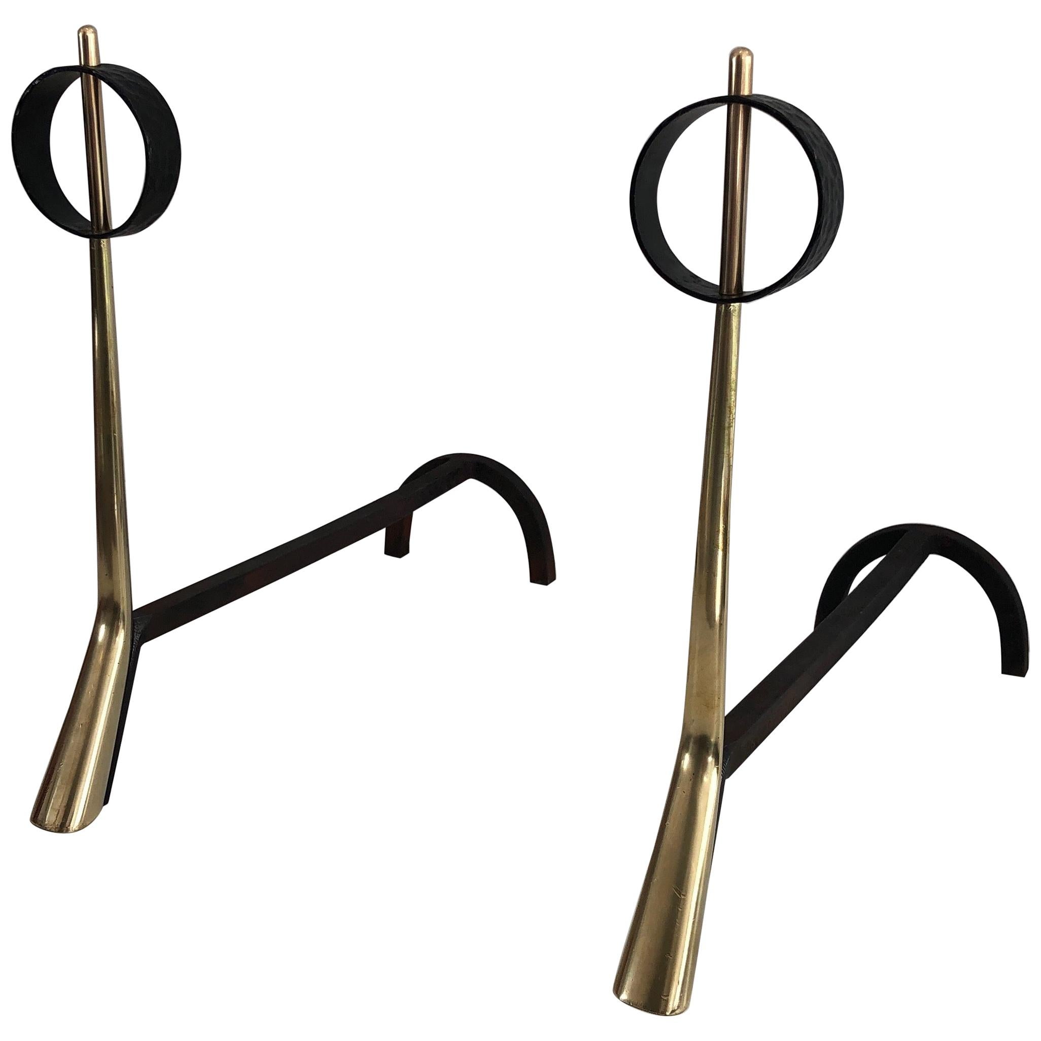 Pair of Modernist Bronze and Wrought Iron Andirons, Italian, circa 1950 For Sale