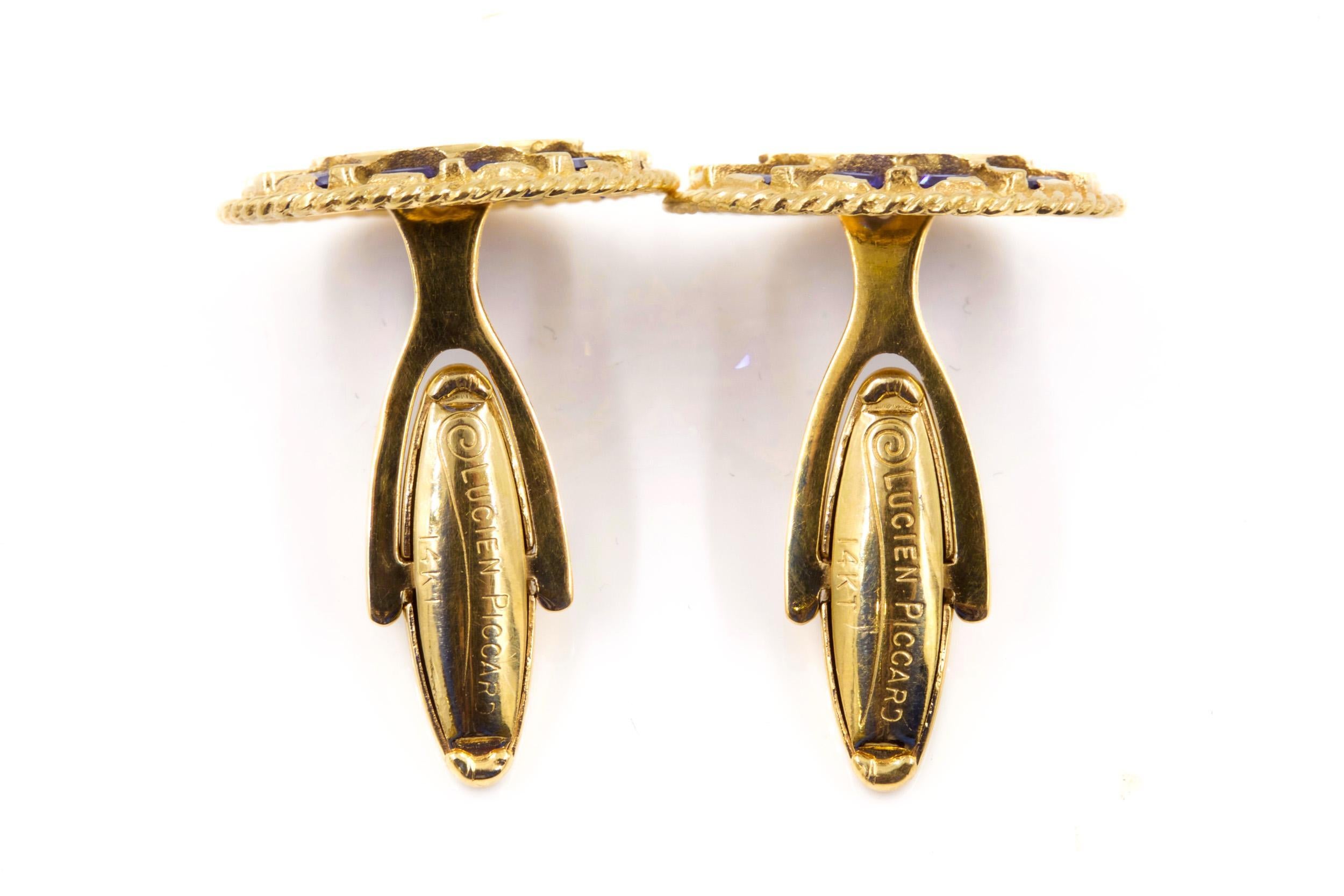 Mid-Century Modern Pair of Modernist Brushed 14k Gold & Sapphire Cufflinks, Lucien Piccard, c. 1950