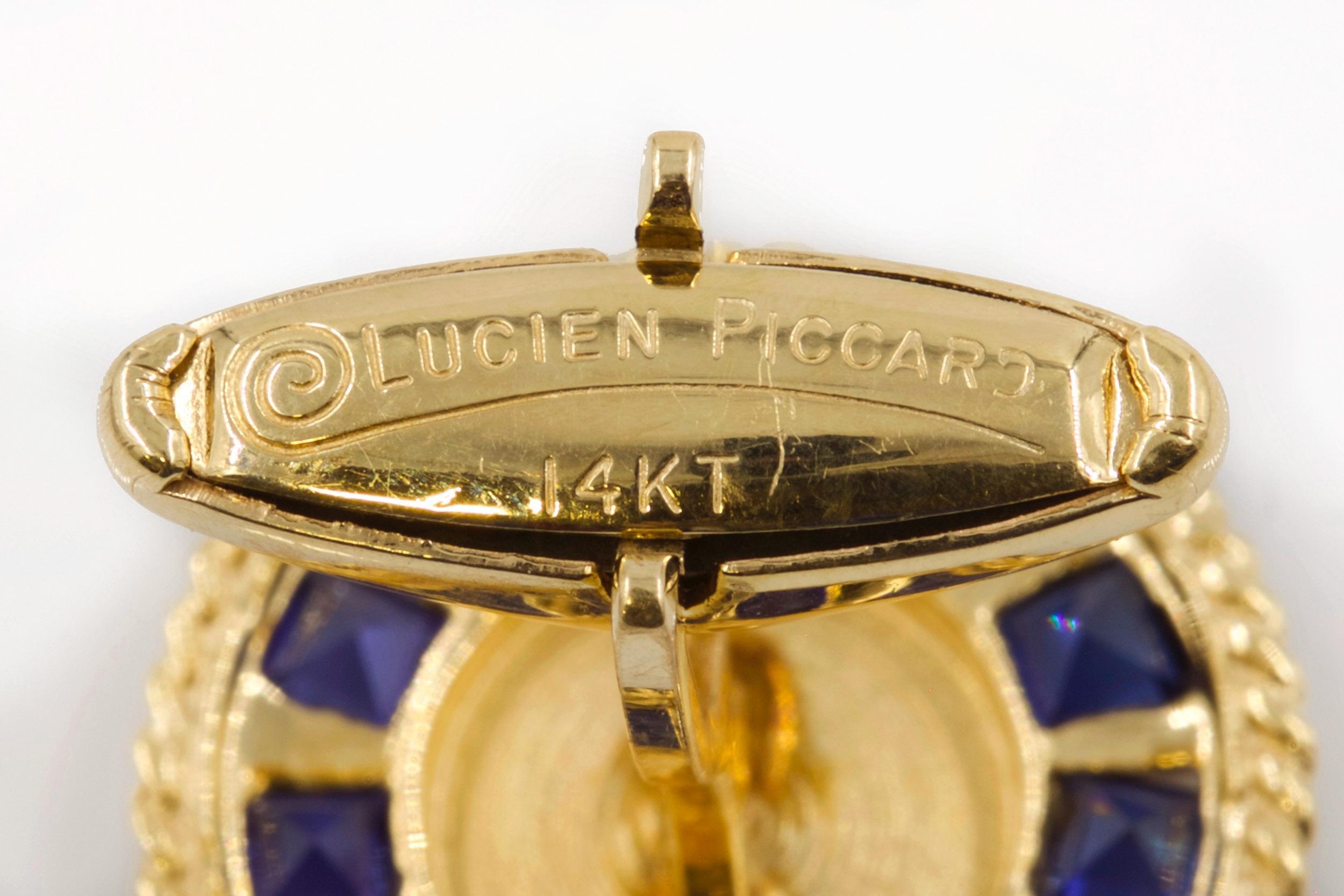 20th Century Pair of Modernist Brushed 14k Gold & Sapphire Cufflinks, Lucien Piccard, c. 1950