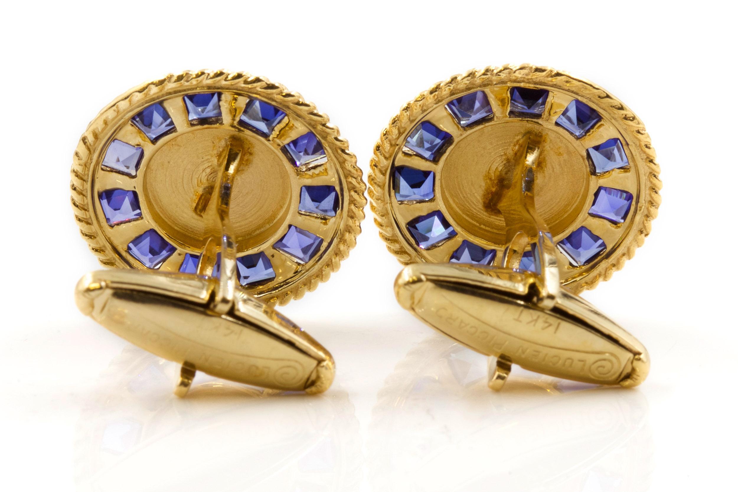 Pair of Modernist Brushed 14k Gold & Sapphire Cufflinks, Lucien Piccard, c. 1950 1