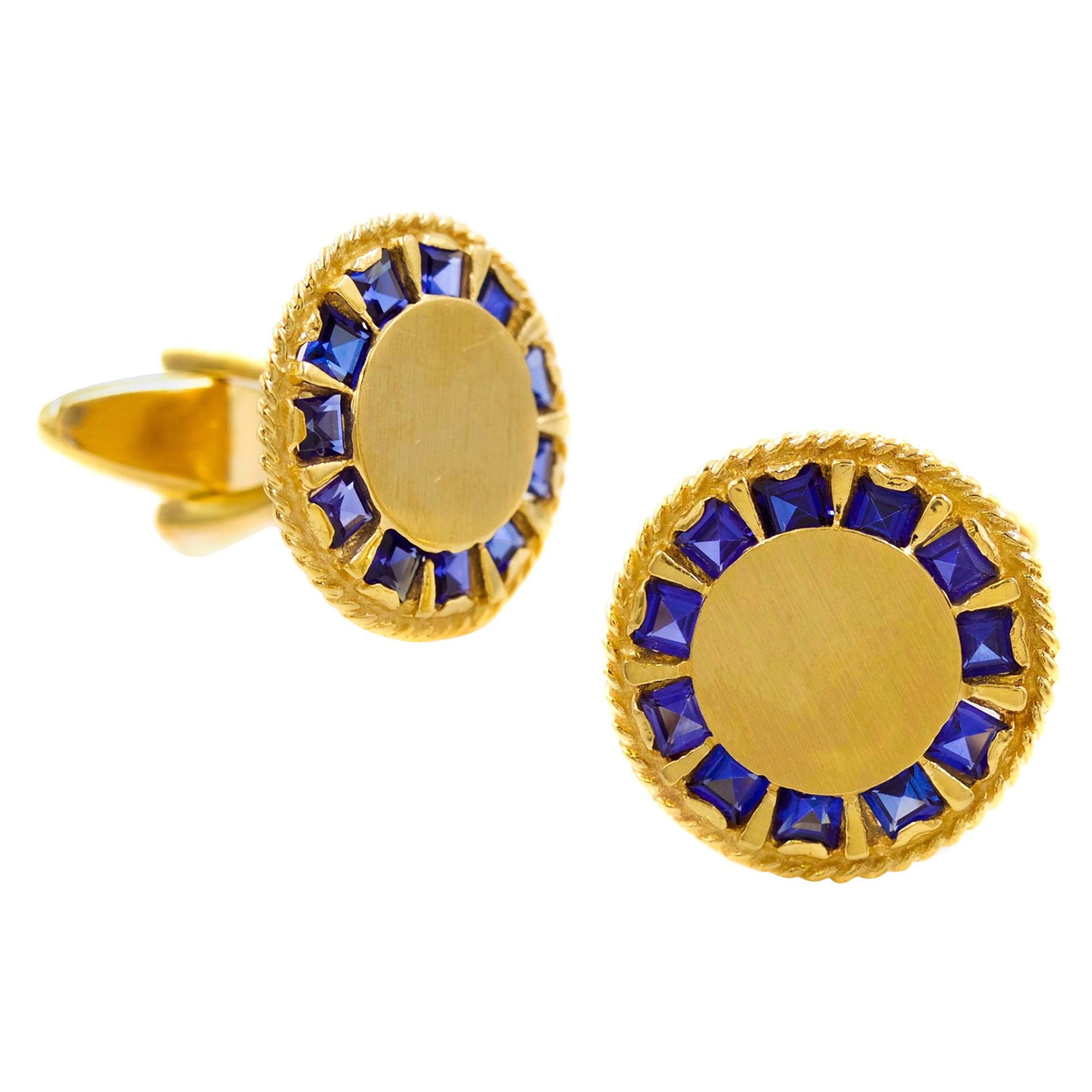 Pair of Modernist Brushed 14k Gold & Sapphire Cufflinks, Lucien Piccard, c. 1950