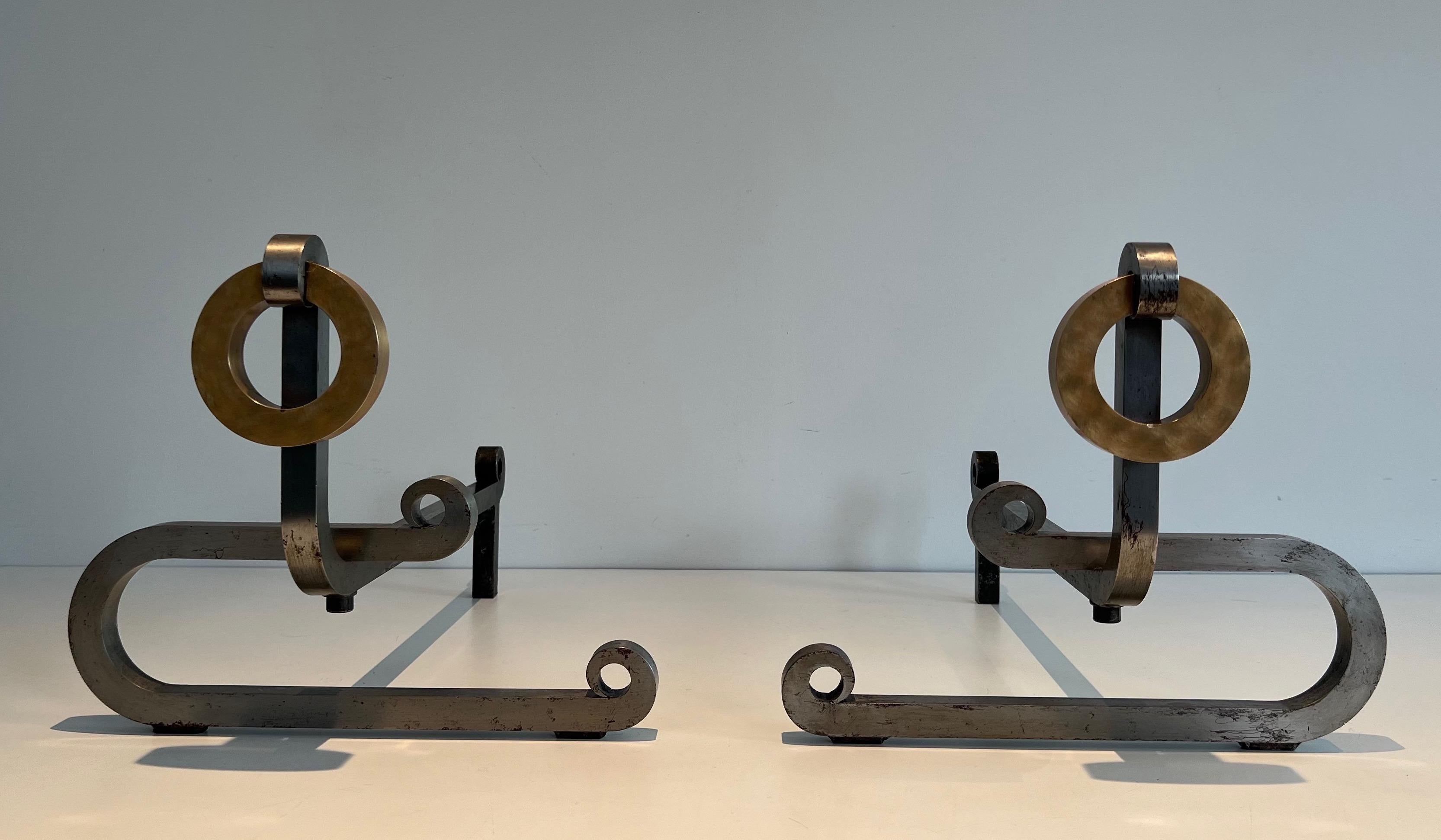 Pair of Modernist Brushed Steel, Brass and Iron Andirons For Sale 6