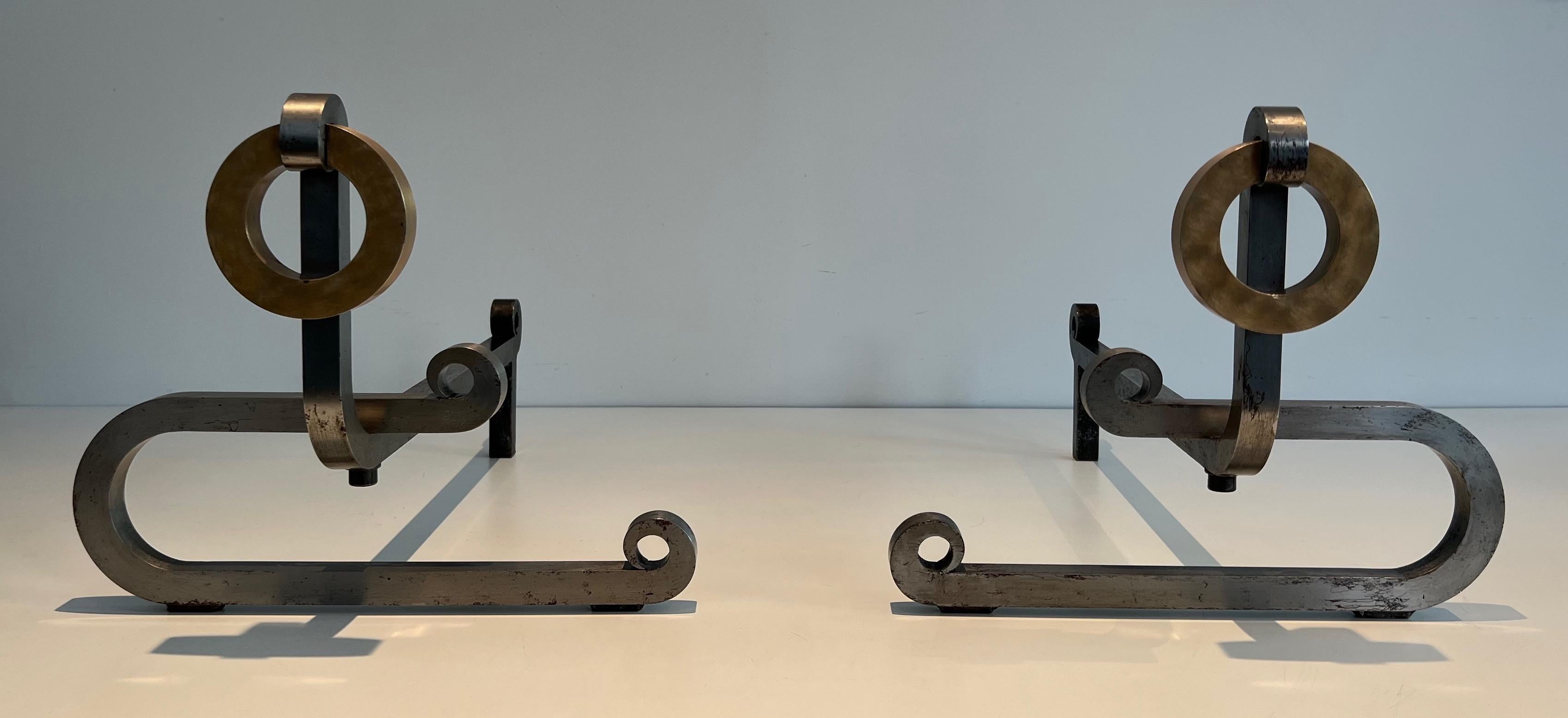 Pair of Modernist Brushed Steel, Brass and Iron Andirons For Sale 12